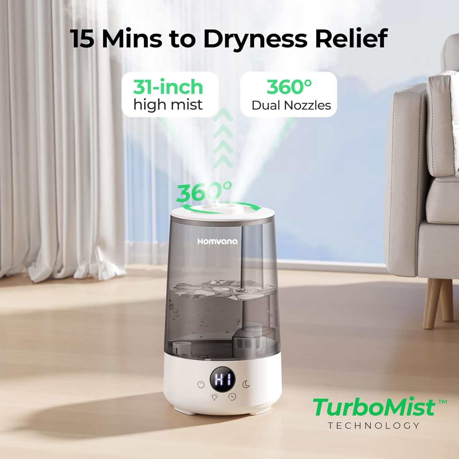 Communicates multiple key benefits of the humidifier including quick relief time, tall mist reach, and comprehensive room coverage to reassure shoppers of its effectiveness.