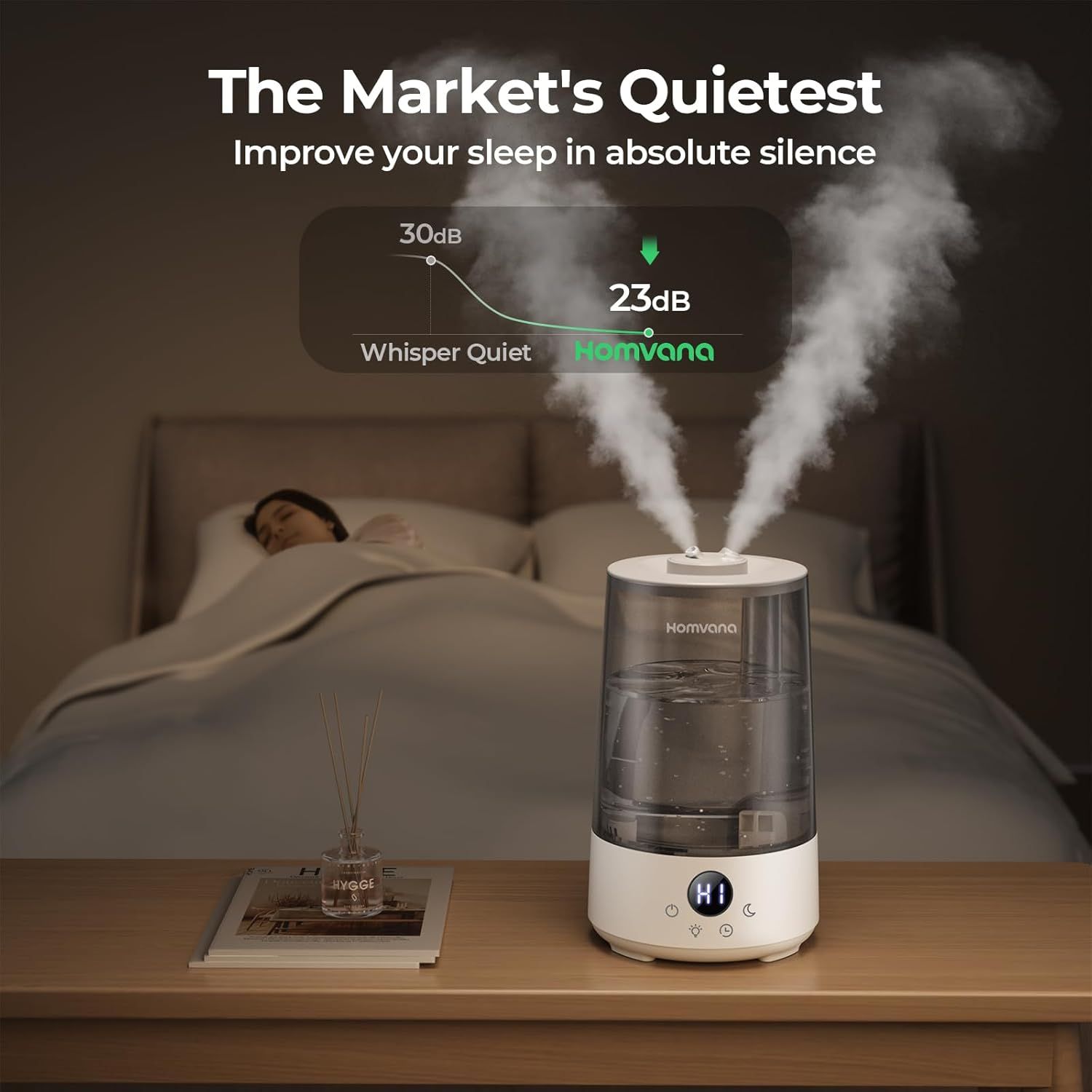 Communicates the product's superior quietness with a quantifiable decibel measurement (23dB vs. 30dB whisper quiet), reassuring shoppers that this humidifier operates in near-silence for better…