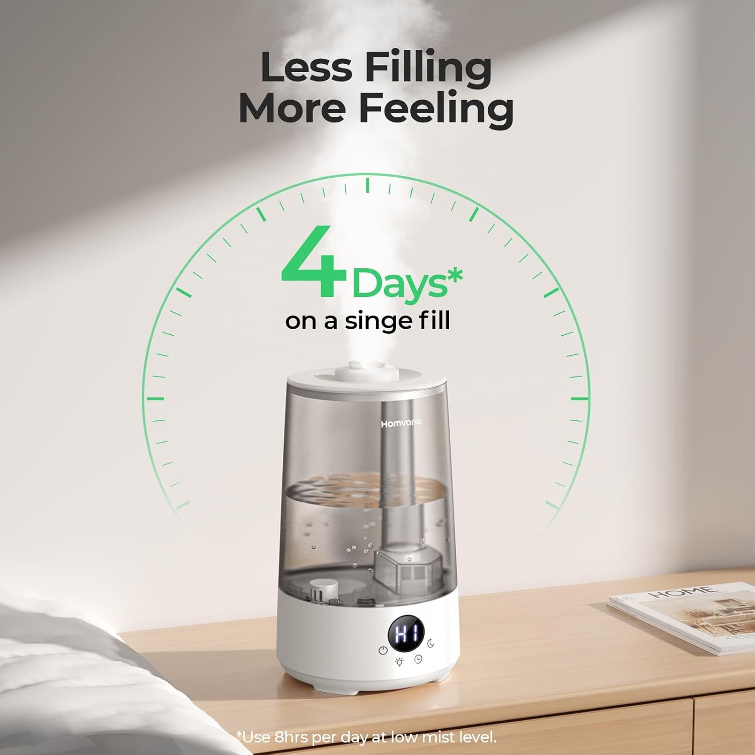 Communicates the product's impressive capacity and convenience by highlighting that it can run for 4 days on a single water fill, reducing the need for frequent refilling. Emphasizes the key benefit…