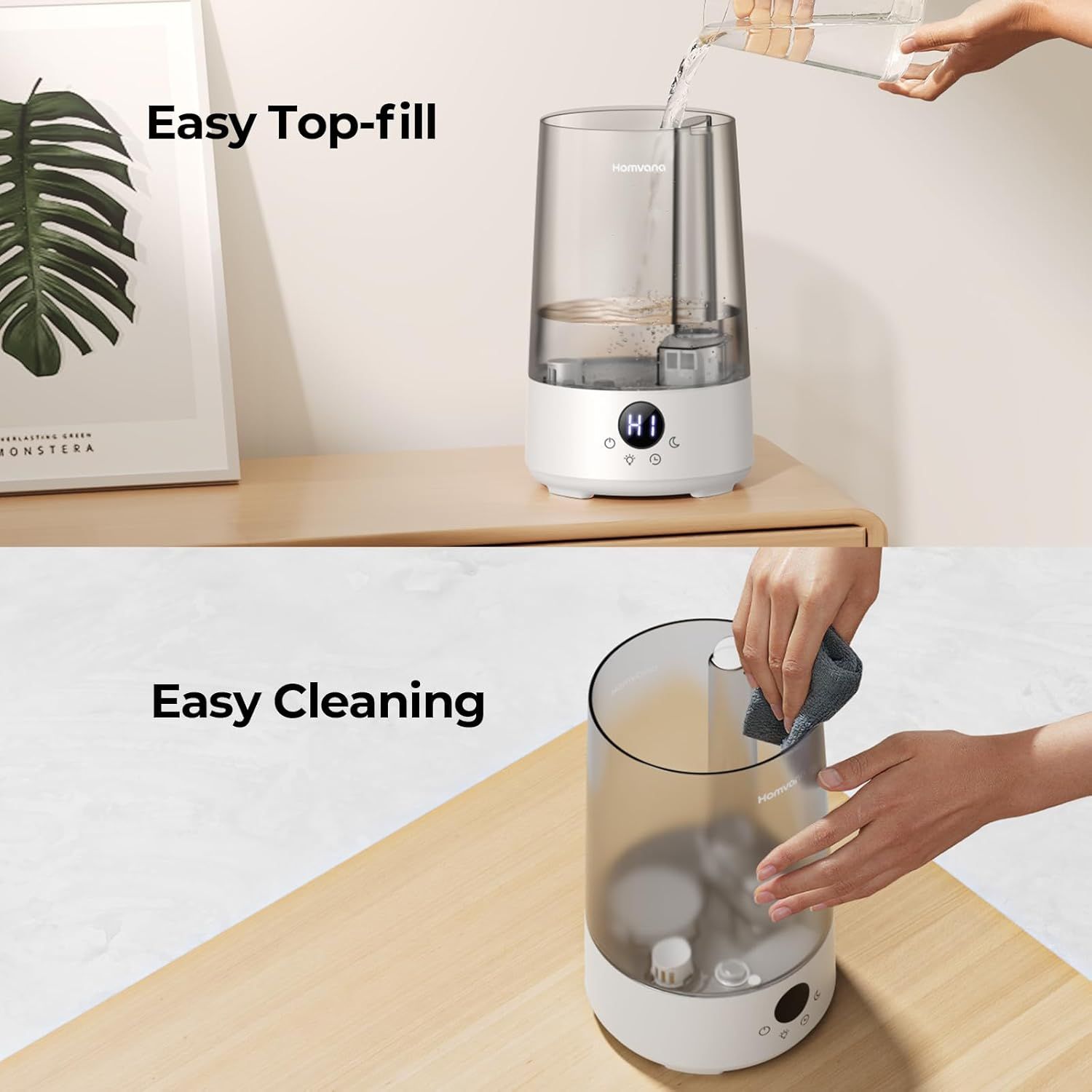 Demonstrates two key convenience features of the humidifier: the ability to refill water from the top without disassembly, and the ease of cleaning the unit, reassuring shoppers about hassle-free…