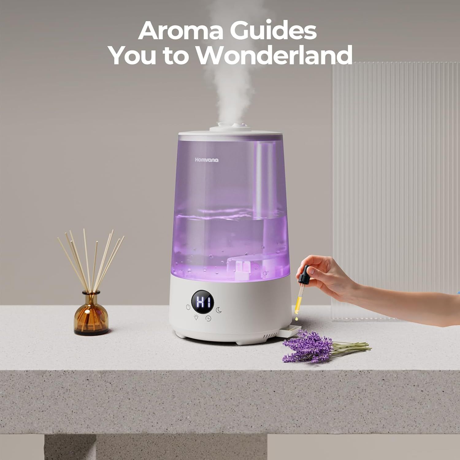 Showcases the humidifier in a real-world home setting with aromatherapy elements to help shoppers visualize the product creating a relaxing, spa-like atmosphere in their own space.