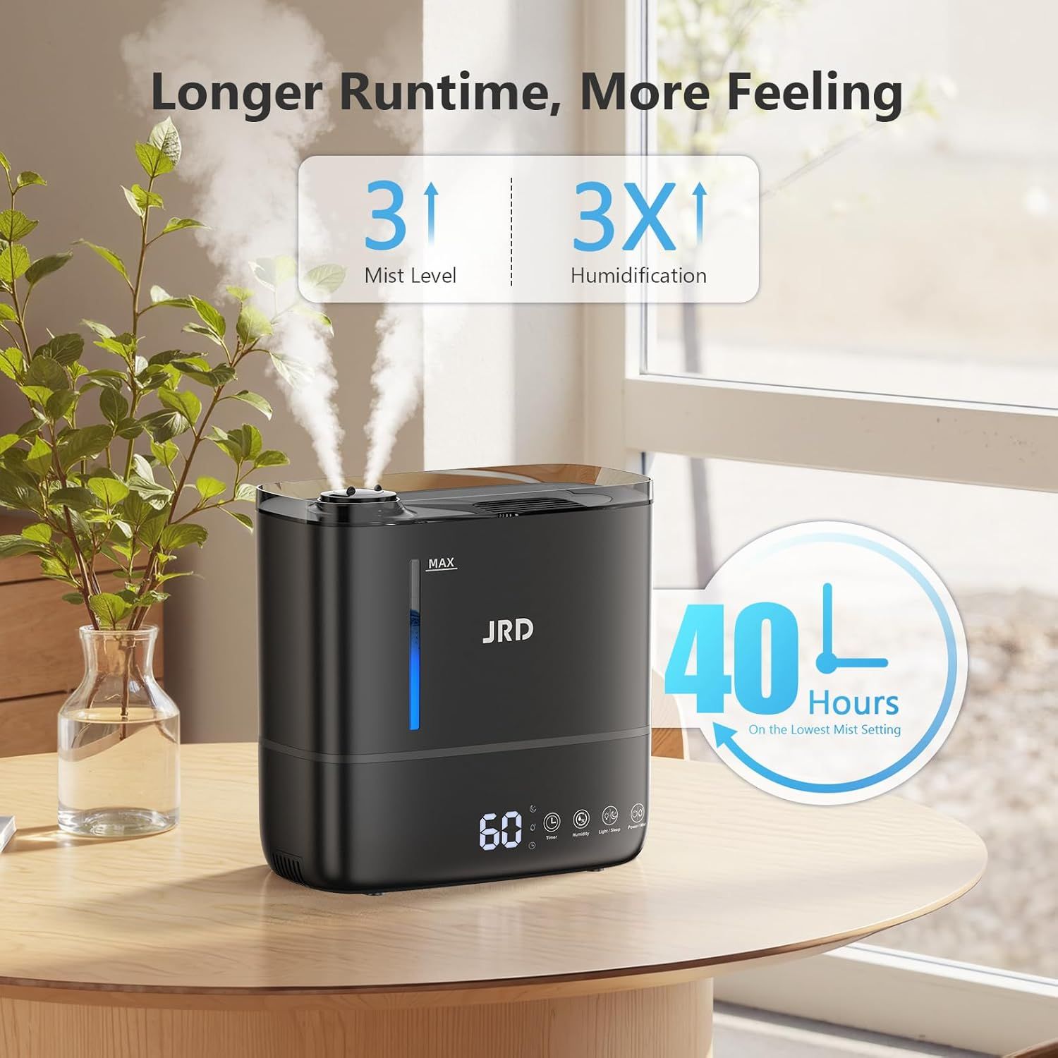 Communicates the product's superior performance through quantifiable stats: triple mist levels, 3X humidification power, and extended 40-hour runtime to reassure shoppers of its effectiveness and…