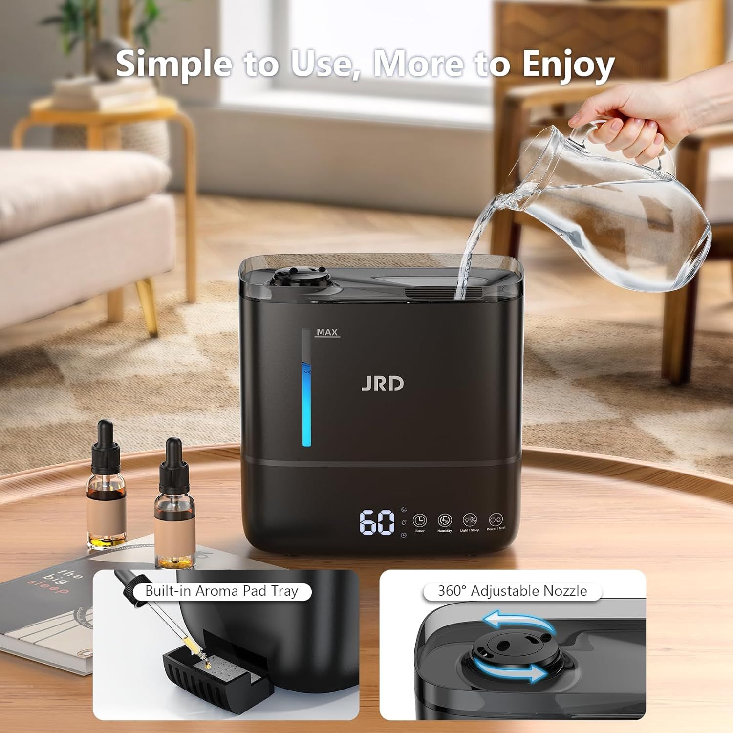 Communicates multiple distinct benefits of the humidifier in a segmented layout: ease of use, aromatherapy capability, and directional mist control to reassure shoppers of the product's versatility…