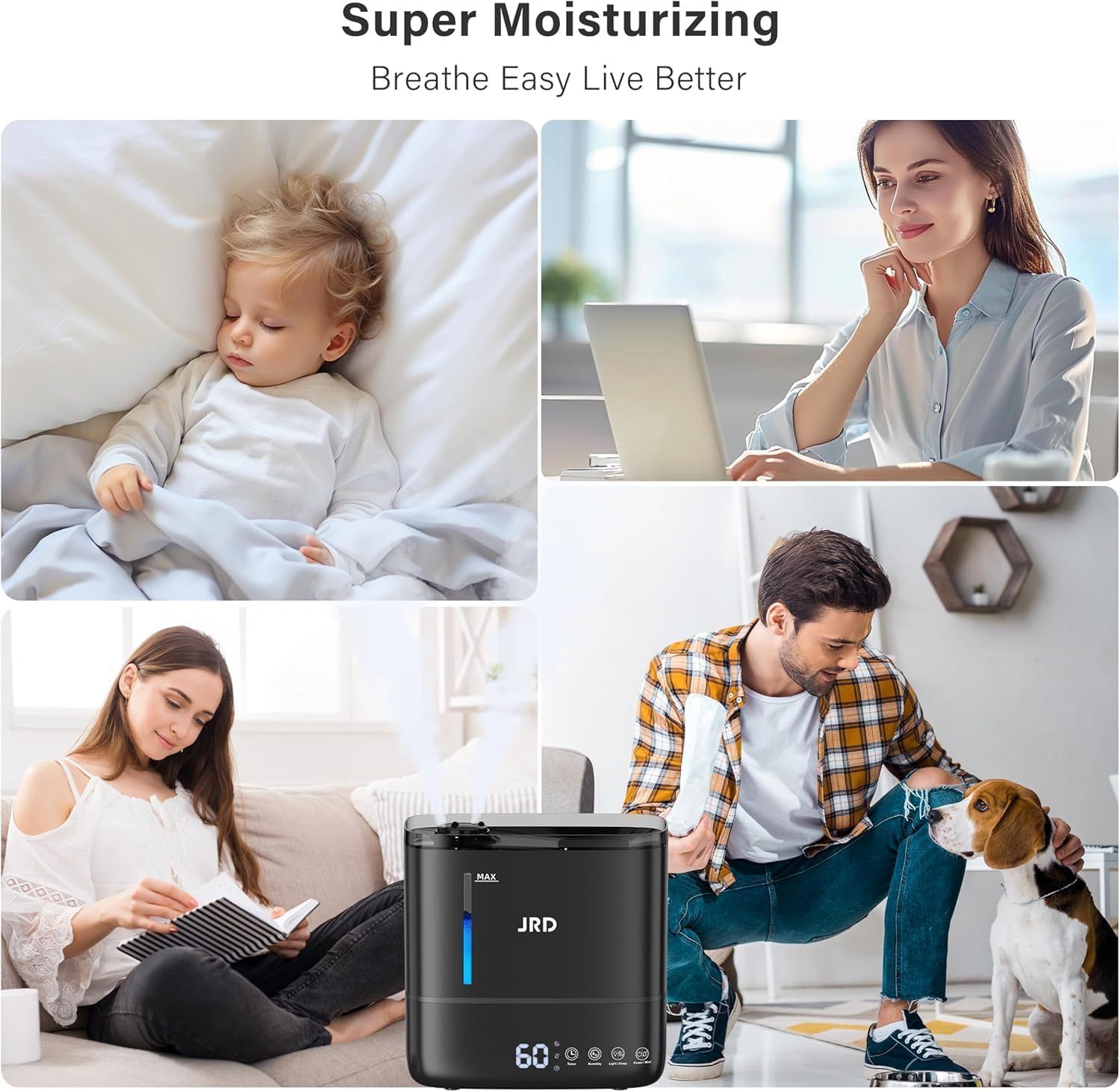 Demonstrates the humidifier's versatility by showing it being used in multiple real-world scenarios—child's bedroom, home office, living room, and with pets—to reassure shoppers it fits various…