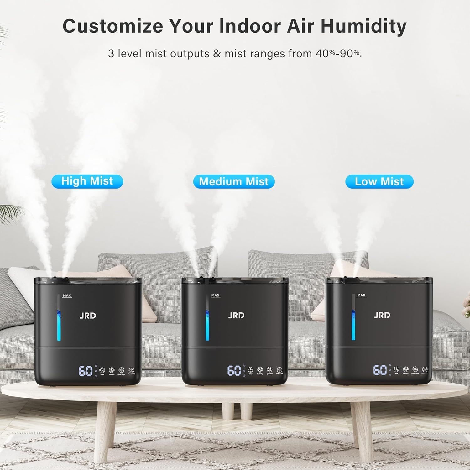 Demonstrates the product's adjustable mist output feature, showing shoppers they can customize humidity levels from 40%-90% with three distinct settings (High, Medium, Low) to suit their comfort…