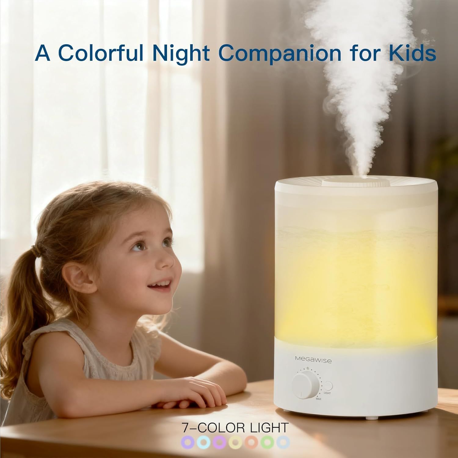 Highlights the humidifier's colorful night light feature to position it as a comforting and engaging companion for children at bedtime.