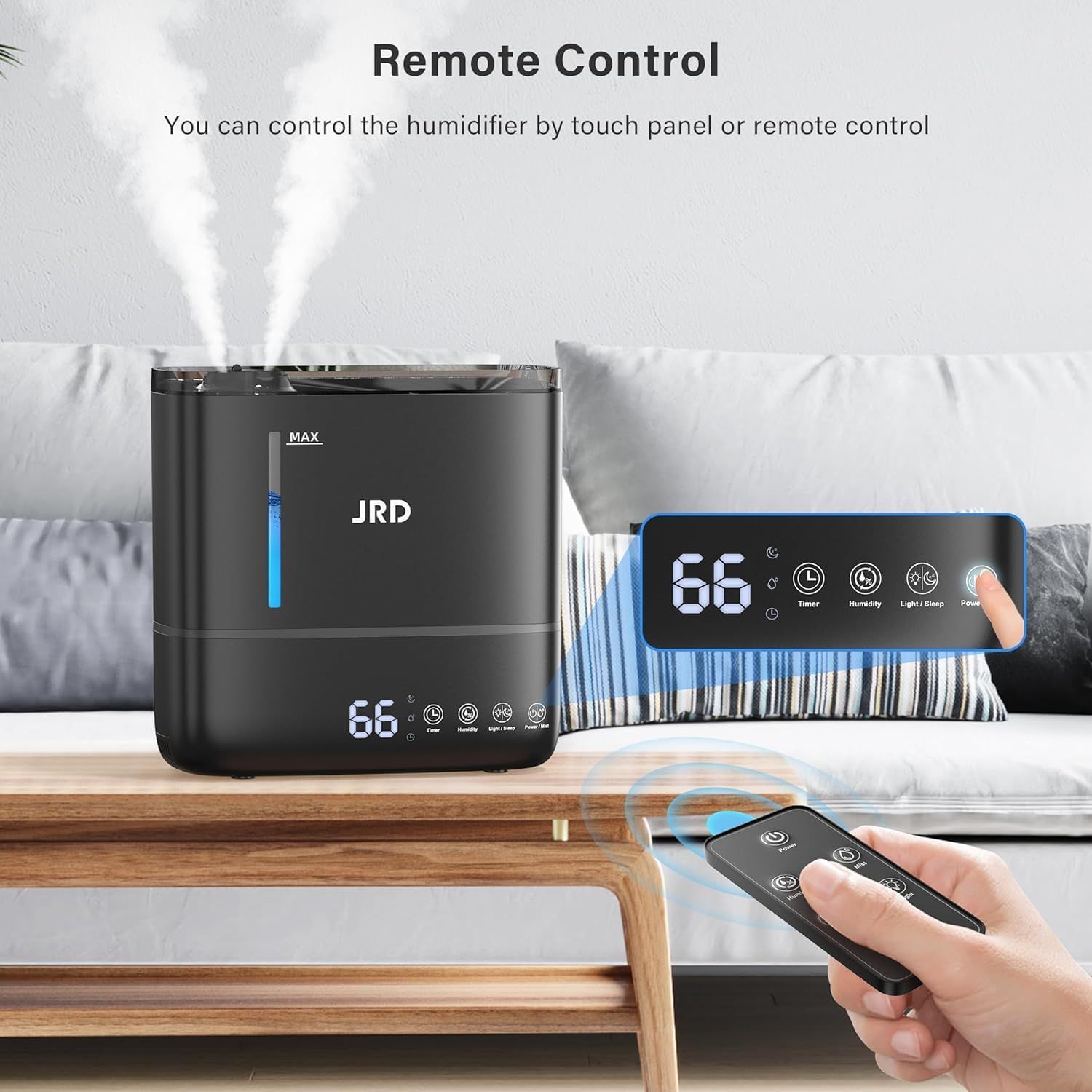Highlights the convenience of dual control options (touch panel and remote control) for operating the humidifier, emphasizing ease of use and flexibility.