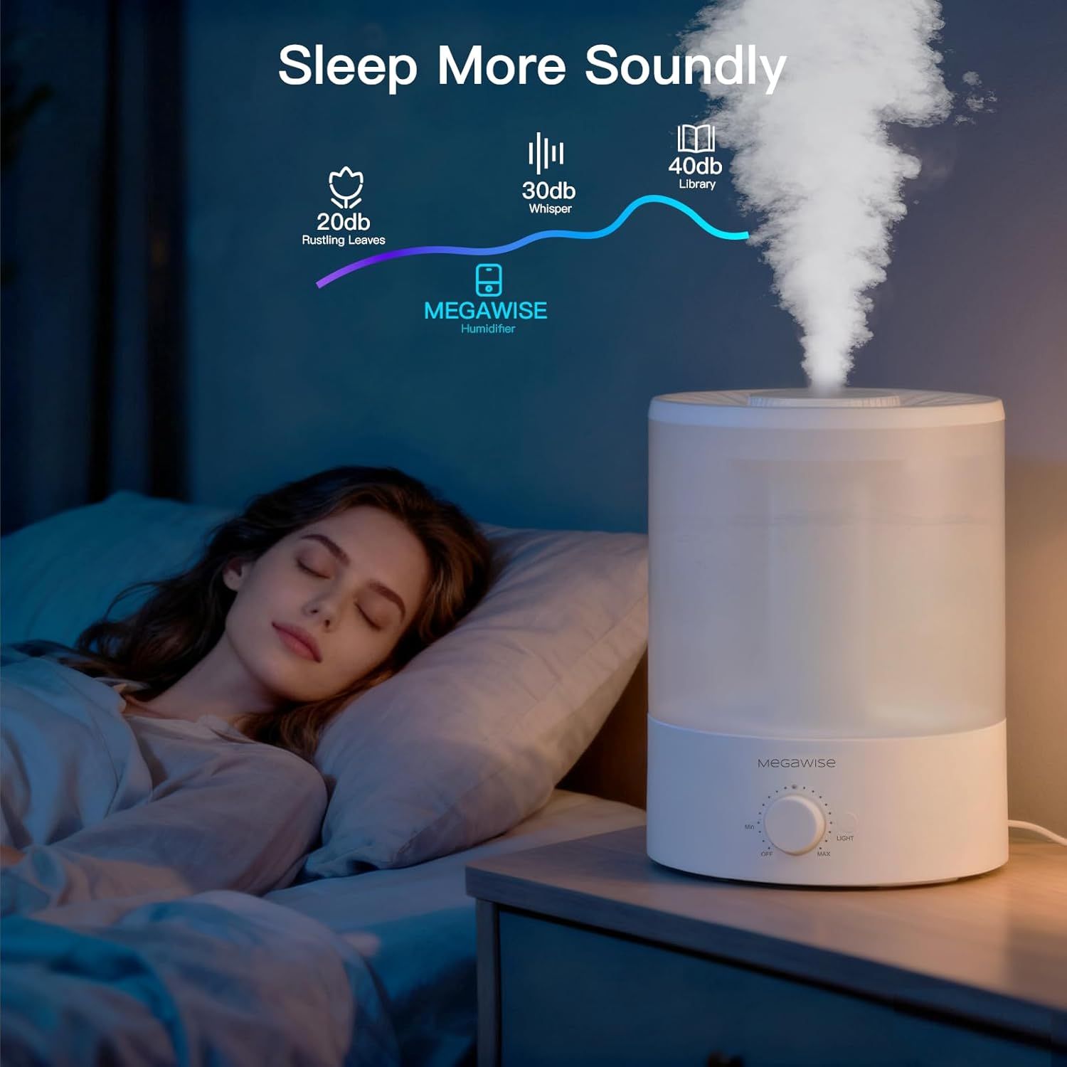 Communicates that the humidifier operates quietly (20-30db range) to promote better sleep, reassuring shoppers that it won't disturb rest. Highlights the specific decibel measurements to quantify…