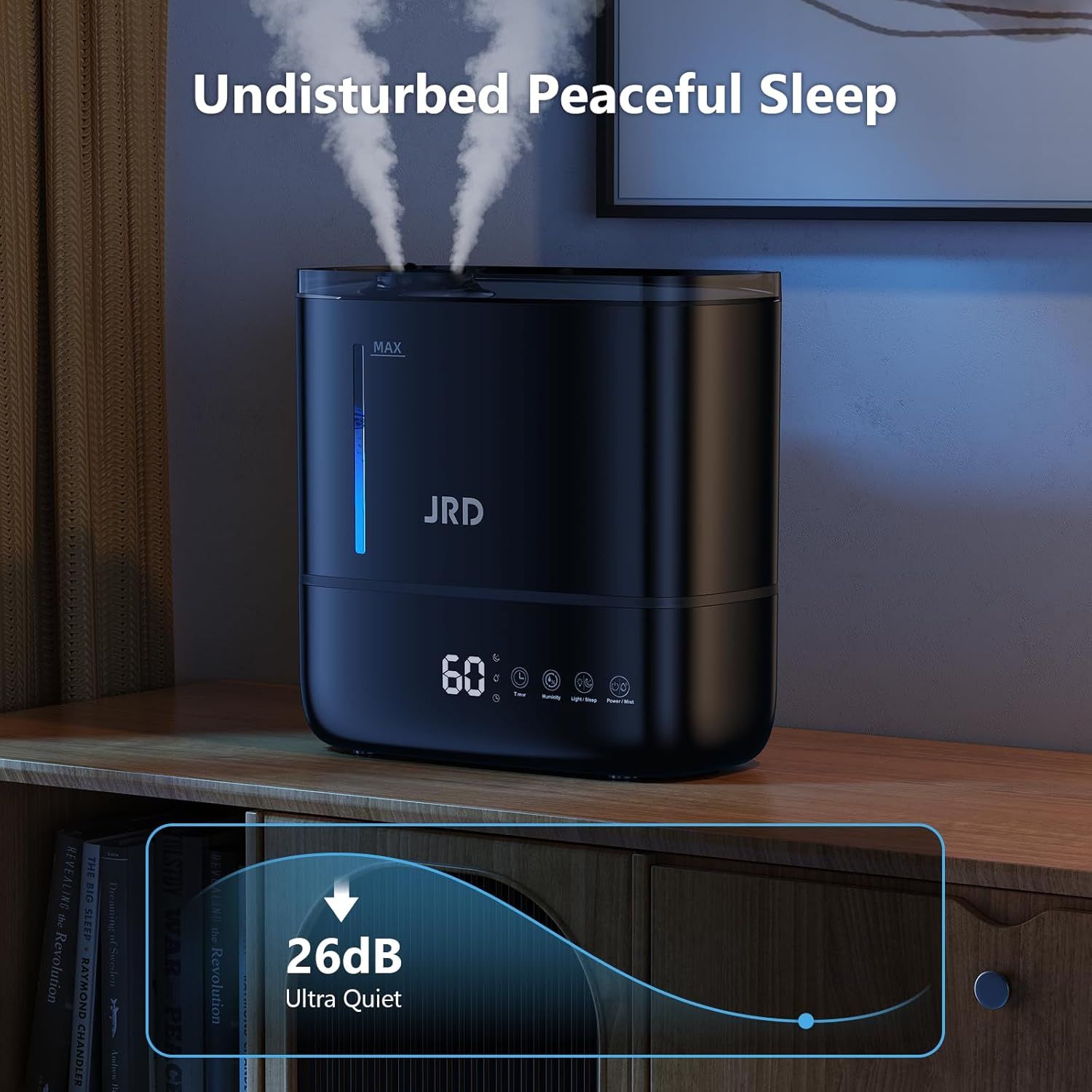 Communicates the humidifier's ultra-quiet operation at 26dB to reassure shoppers they can enjoy peaceful, undisturbed sleep. Highlights the product's quiet performance to position it as ideal for…