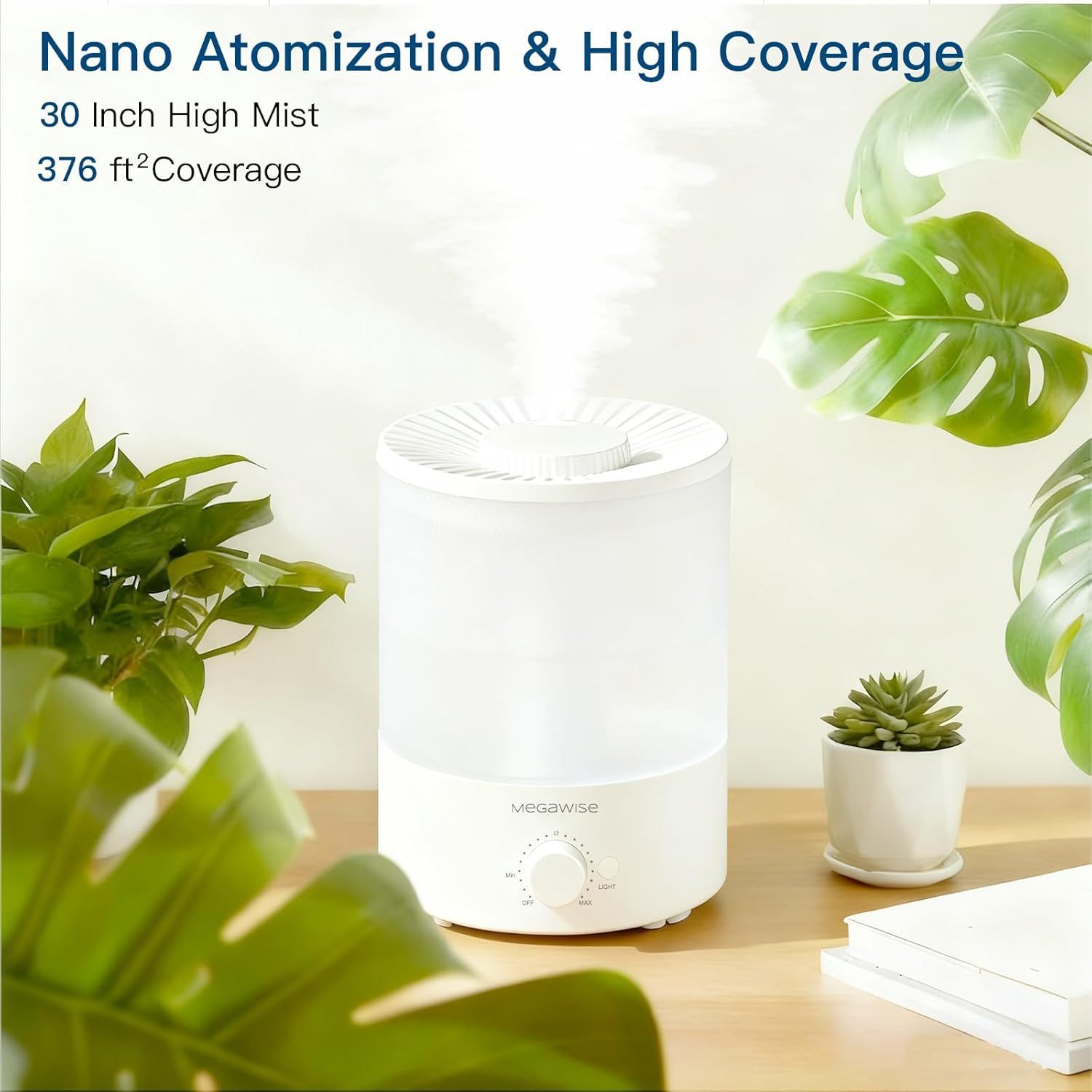 Communicates multiple key performance benefits of the humidifier—nano atomization technology, wide coverage area (376 sq ft), and high mist reach (30 inches)—to demonstrate the product's…