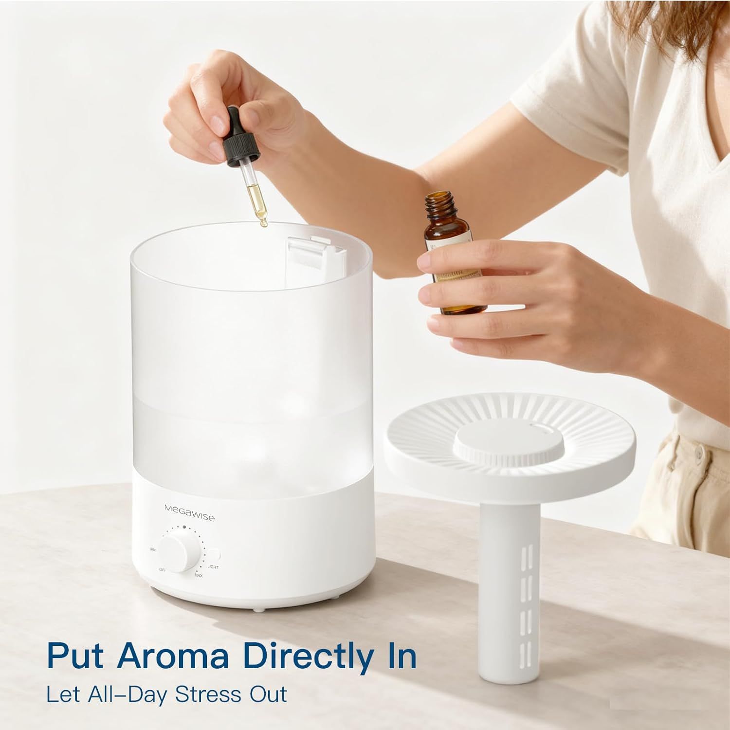 Demonstrates how to use the humidifier by adding essential oils directly into the device, reassuring shoppers that the setup is simple and straightforward. Highlights the aromatherapy feature and…