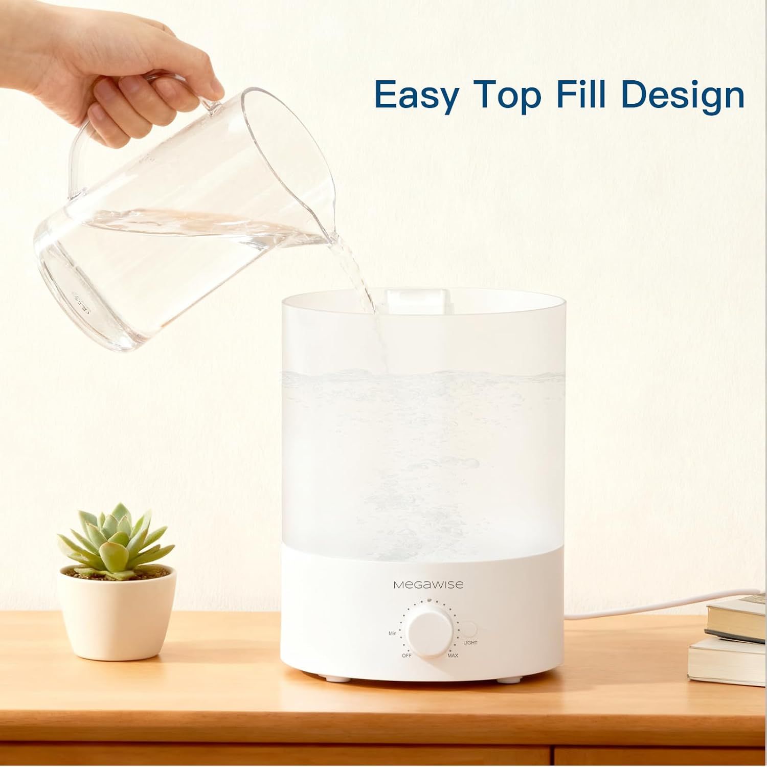 Demonstrates the convenient top-fill feature of the humidifier, showing shoppers how easy it is to refill without removing the tank or dealing with complicated mechanisms.