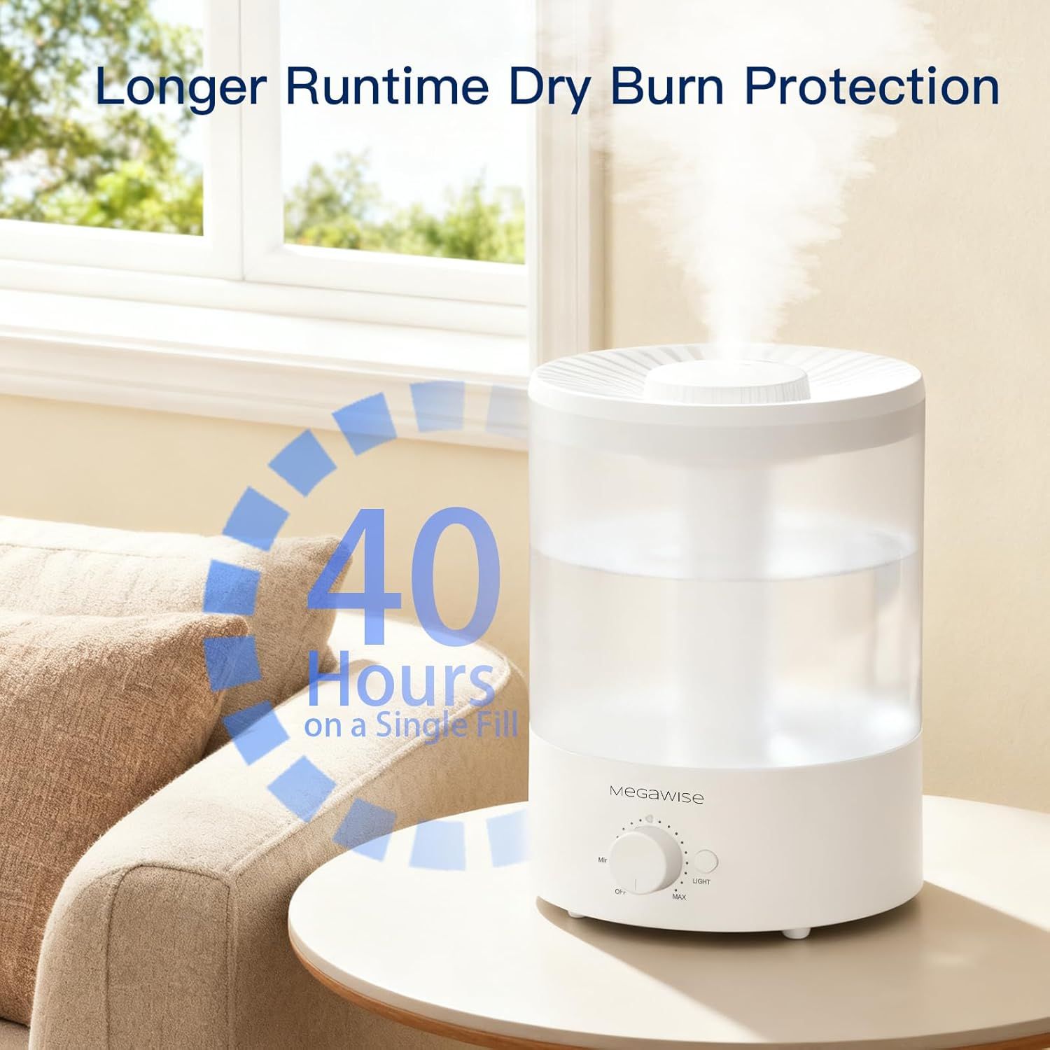 Communicates the impressive 40-hour runtime on a single fill to reassure shoppers of the product's long-lasting performance and convenience. Highlights the key benefit of extended operation time and…