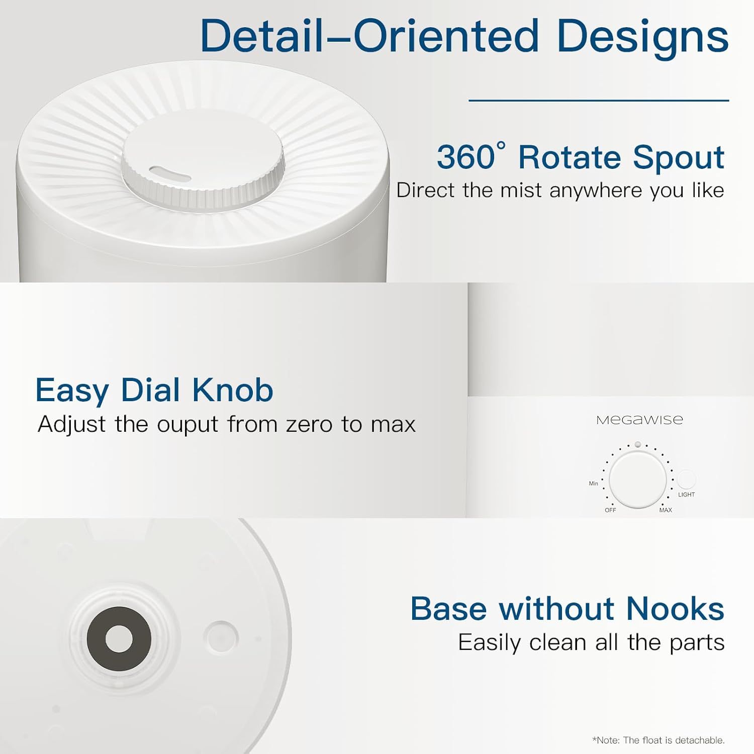 Highlights the key physical components and design features of the humidifier, showing the rotatable spout for directional mist control, the adjustable dial knob for output control, and the smooth…