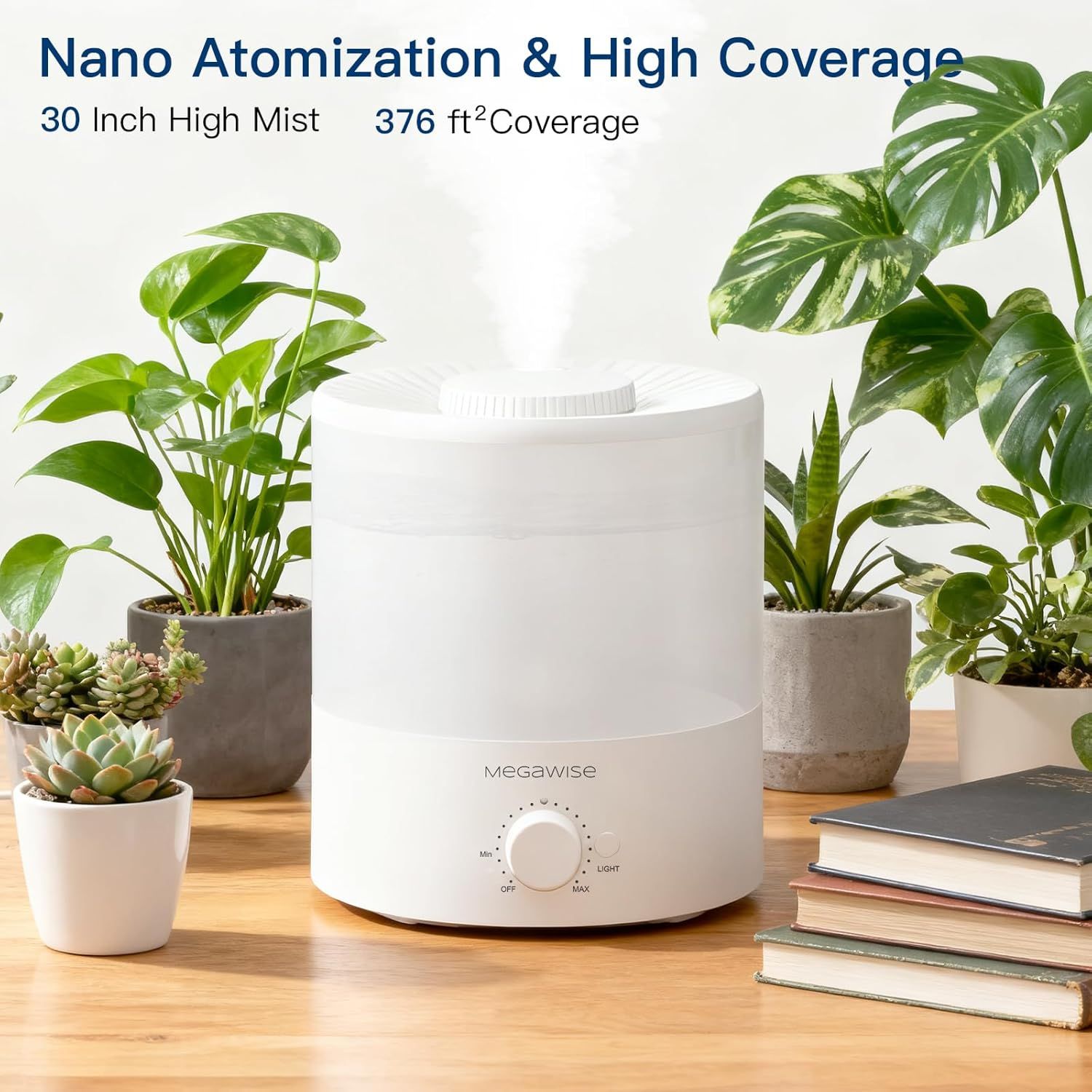 Communicates multiple key performance benefits of the humidifier—nano atomization technology, 30-inch mist height, and 376 sq ft coverage—to demonstrate the product's effectiveness and suitability…
