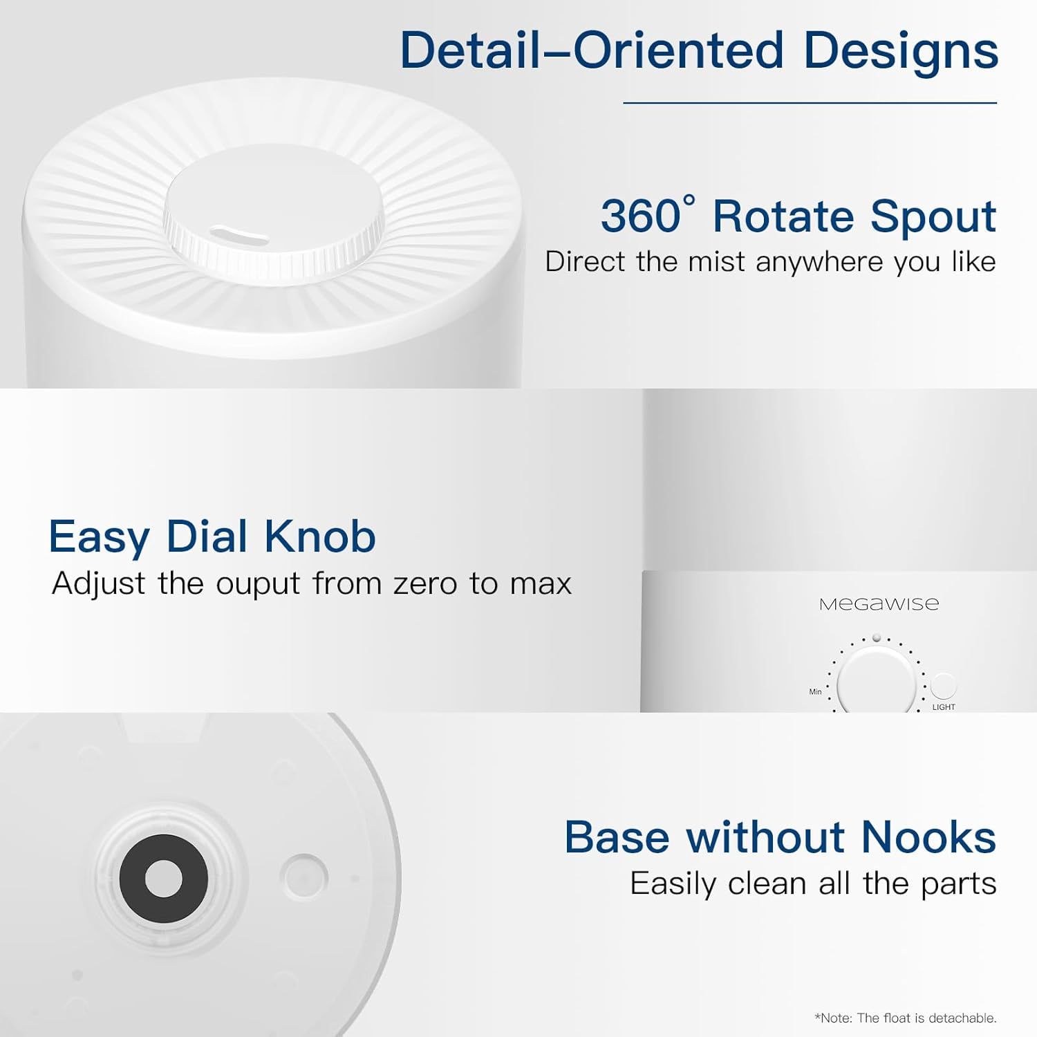 Highlights three distinct design features of the humidifier: directional control, adjustable output, and easy cleaning, to communicate versatility and user-friendly design.