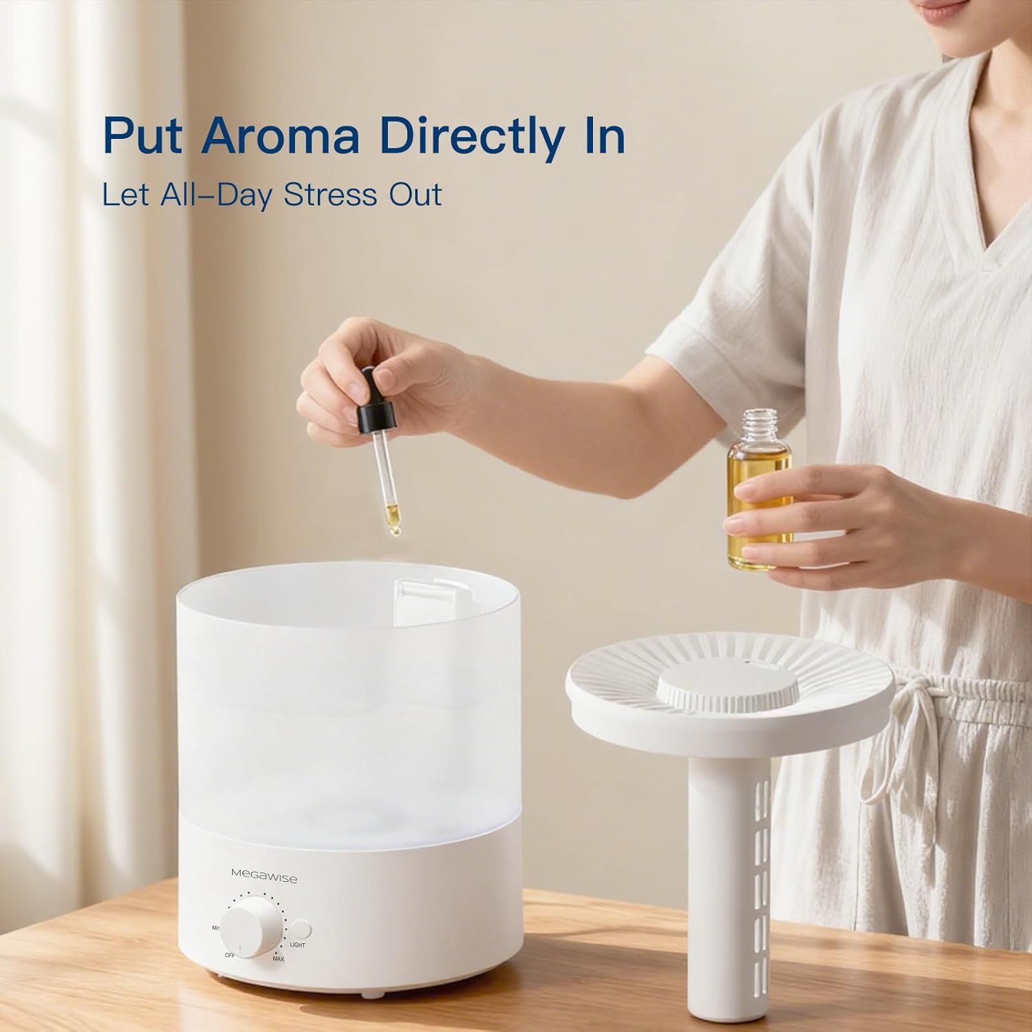 Demonstrates how to use the aromatherapy diffuser by adding essential oils directly into the device, showing the simple setup process to help shoppers understand ease of use. Highlights the…