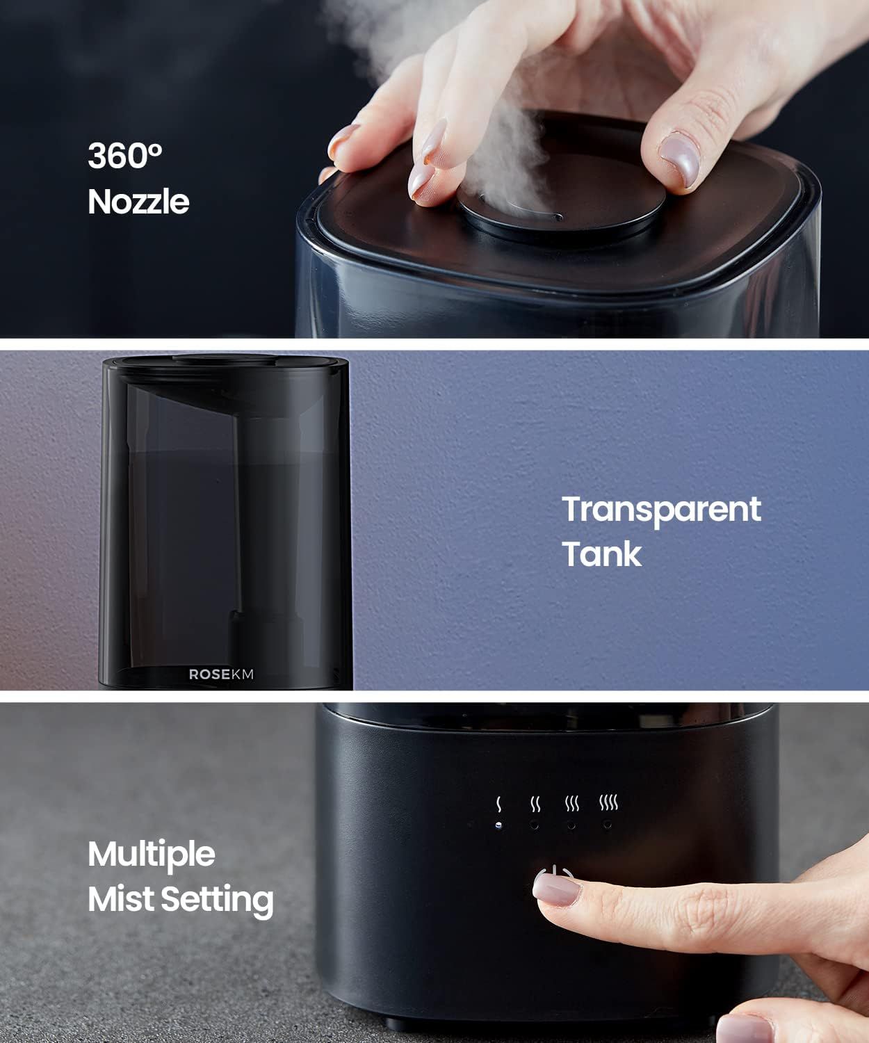 Showcases three distinct product features in a segmented layout to communicate the humidifier's versatility, ease of monitoring water levels, and customizable mist output options.