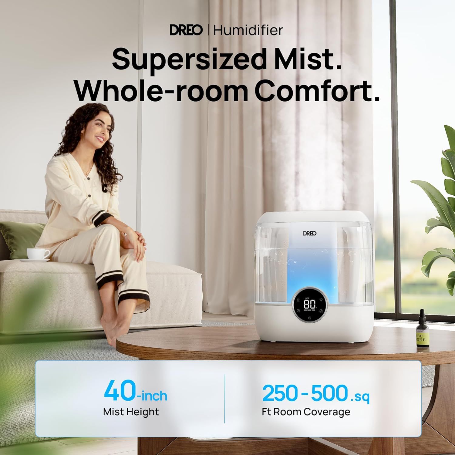 Communicates the humidifier's performance capabilities with specific quantifiable metrics to help shoppers understand the product's coverage area and mist output effectiveness. Highlights the…