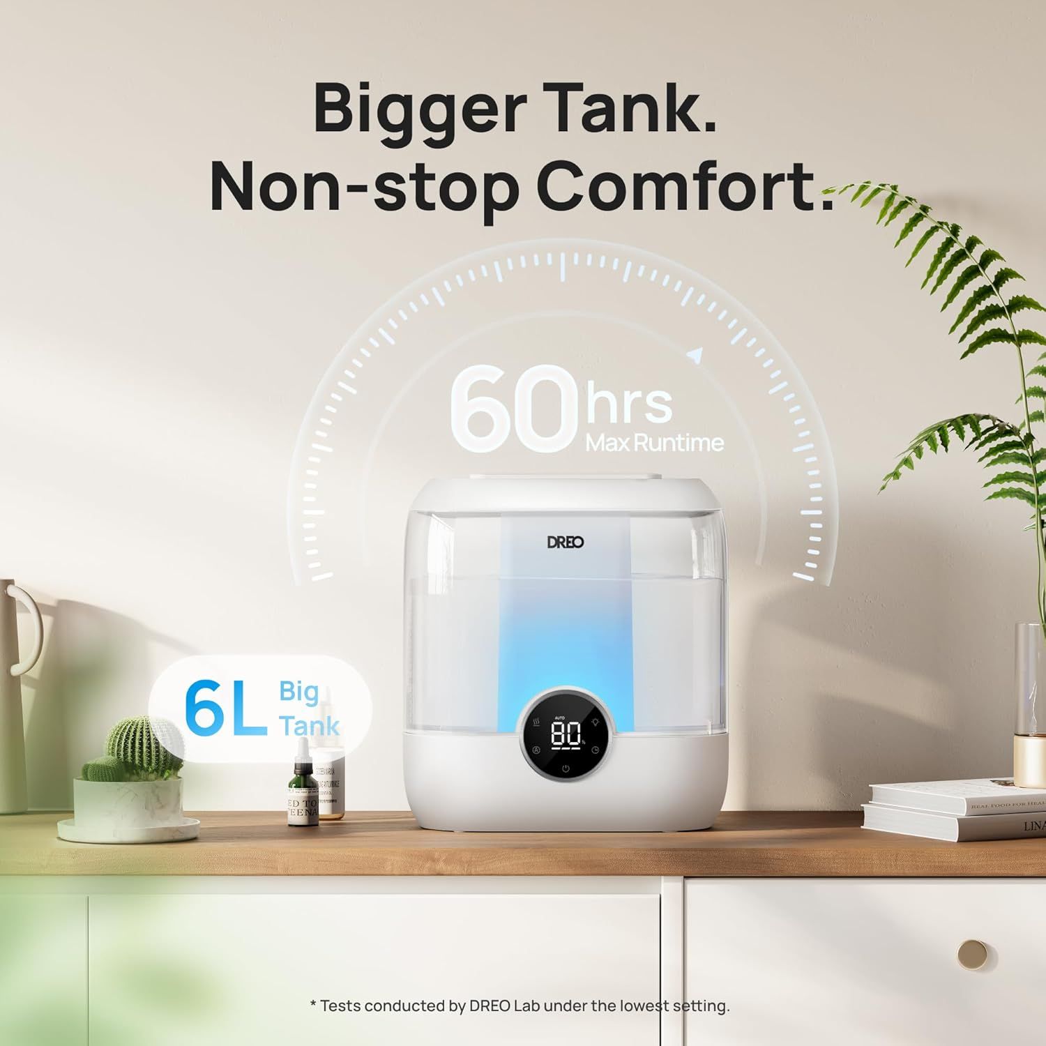 Communicates the product's large 6-liter water tank capacity and impressive 60-hour maximum runtime to reassure shoppers of extended, uninterrupted operation without frequent refills. Highlights the…