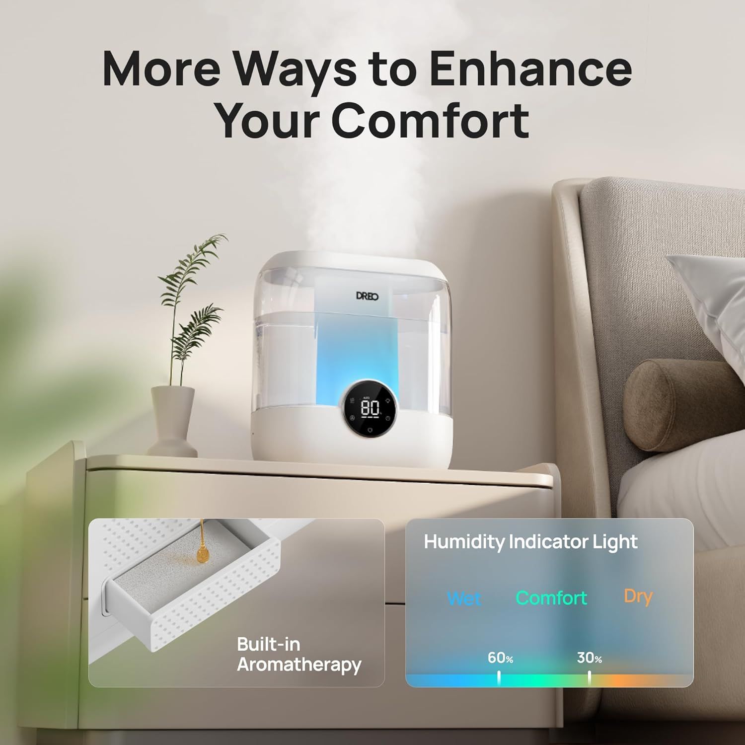 Communicates multiple comfort-enhancing features of the humidifier, showing the aromatherapy drawer and color-coded humidity indicator to reassure shoppers of enhanced functionality and ease of…