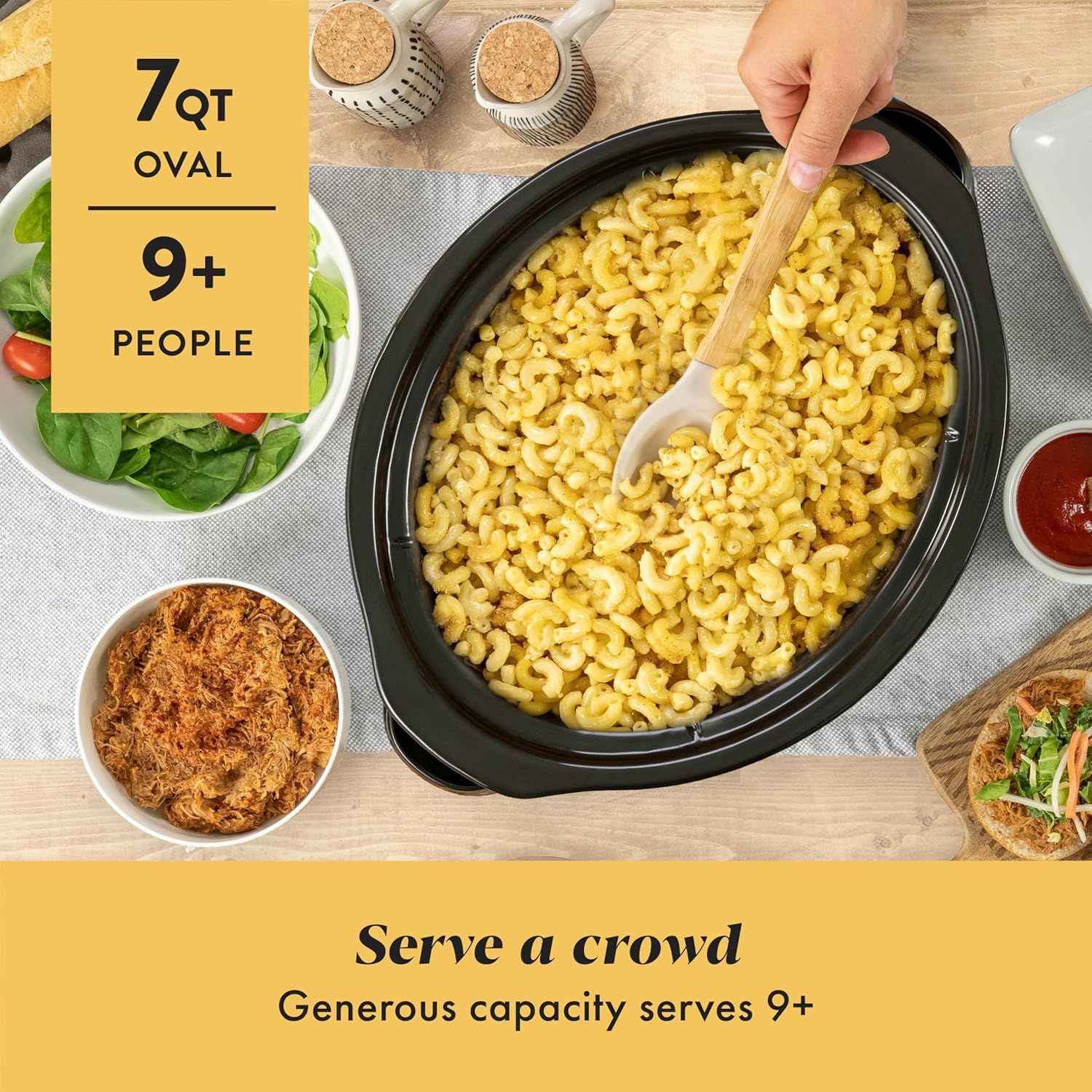 Communicates the large capacity of the slow cooker to reassure shoppers it can serve families or groups of 9 or more people. Highlights the generous size benefit, showing the product is ideal for…