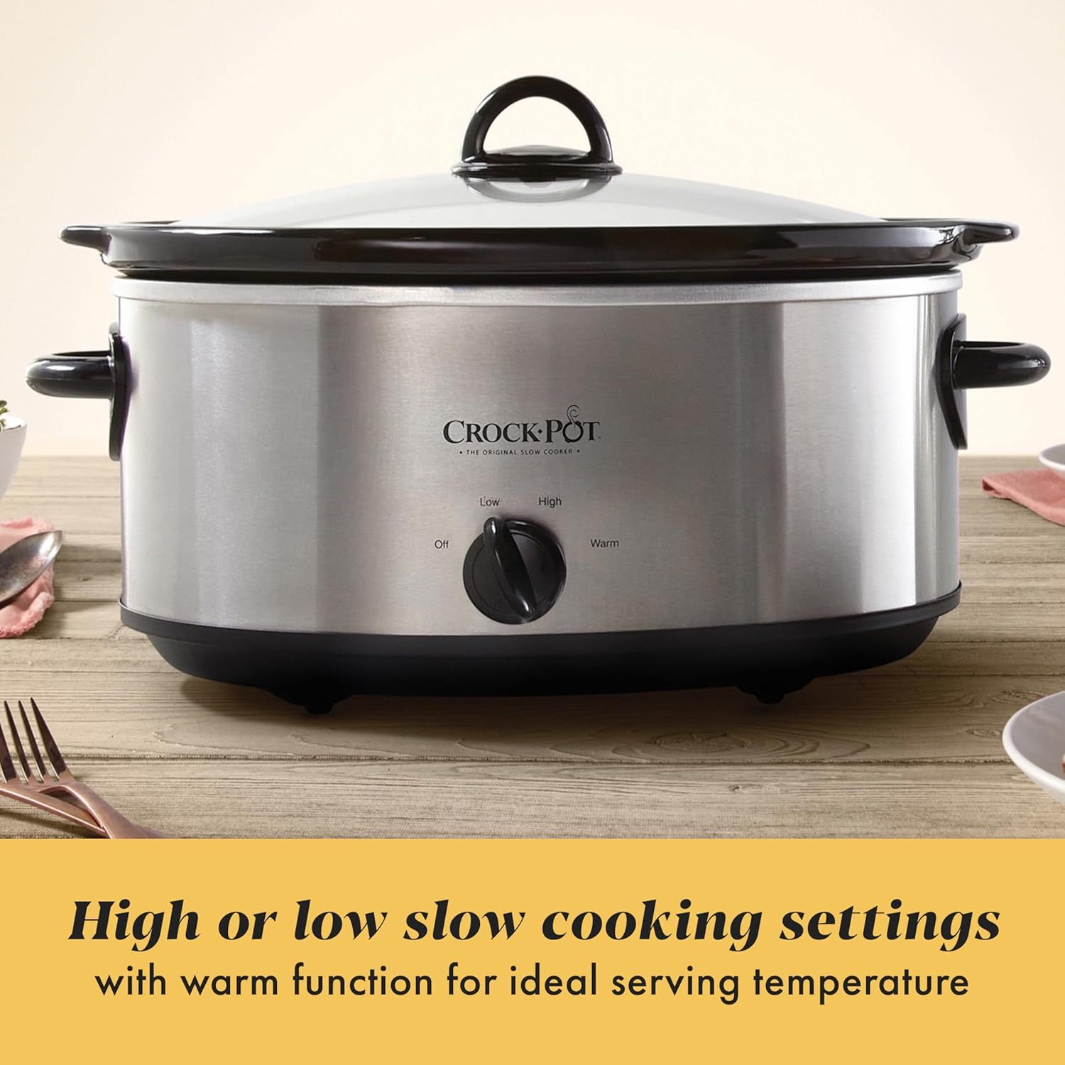 Communicates the product's versatile cooking settings (high, low, warm) to reassure shoppers they can customize cooking temperature for different recipes and serving needs.