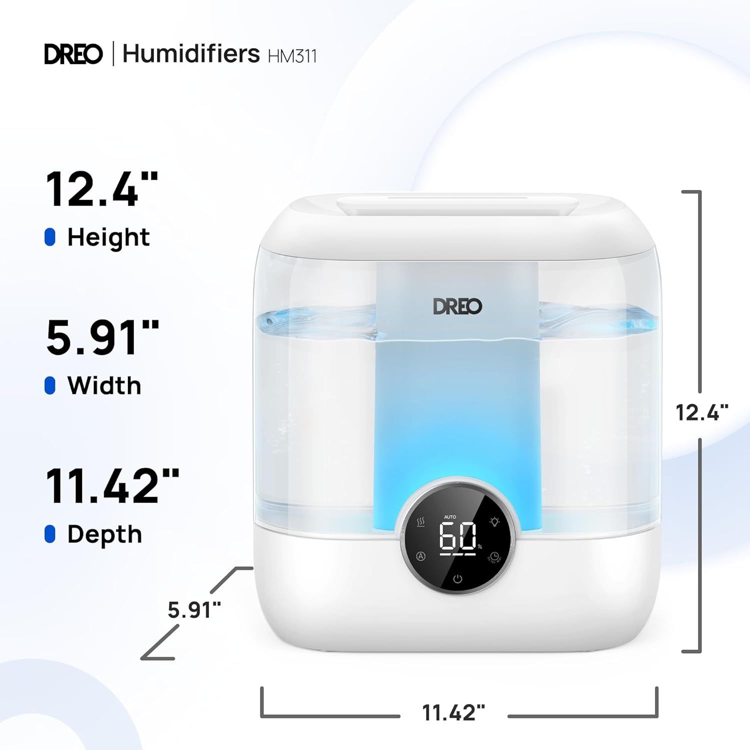 Communicates the exact physical dimensions of the humidifier (height, width, depth) to help shoppers understand the product's footprint and whether it will fit in their intended space.