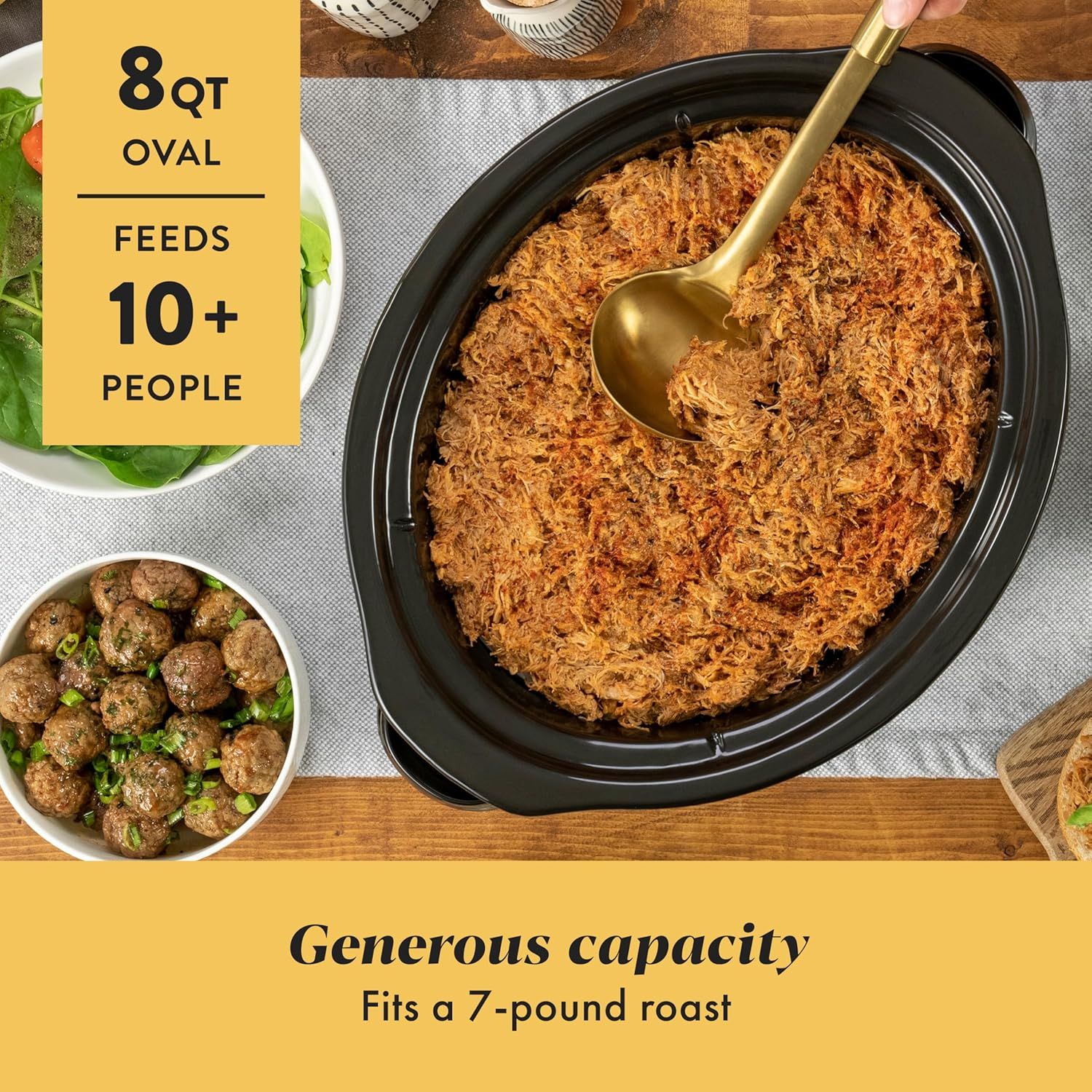 Communicates the large capacity of the 8QT oval slow cooker by highlighting that it can feed 10+ people and fit a 7-pound roast, reassuring shoppers it's suitable for large families or gatherings.…