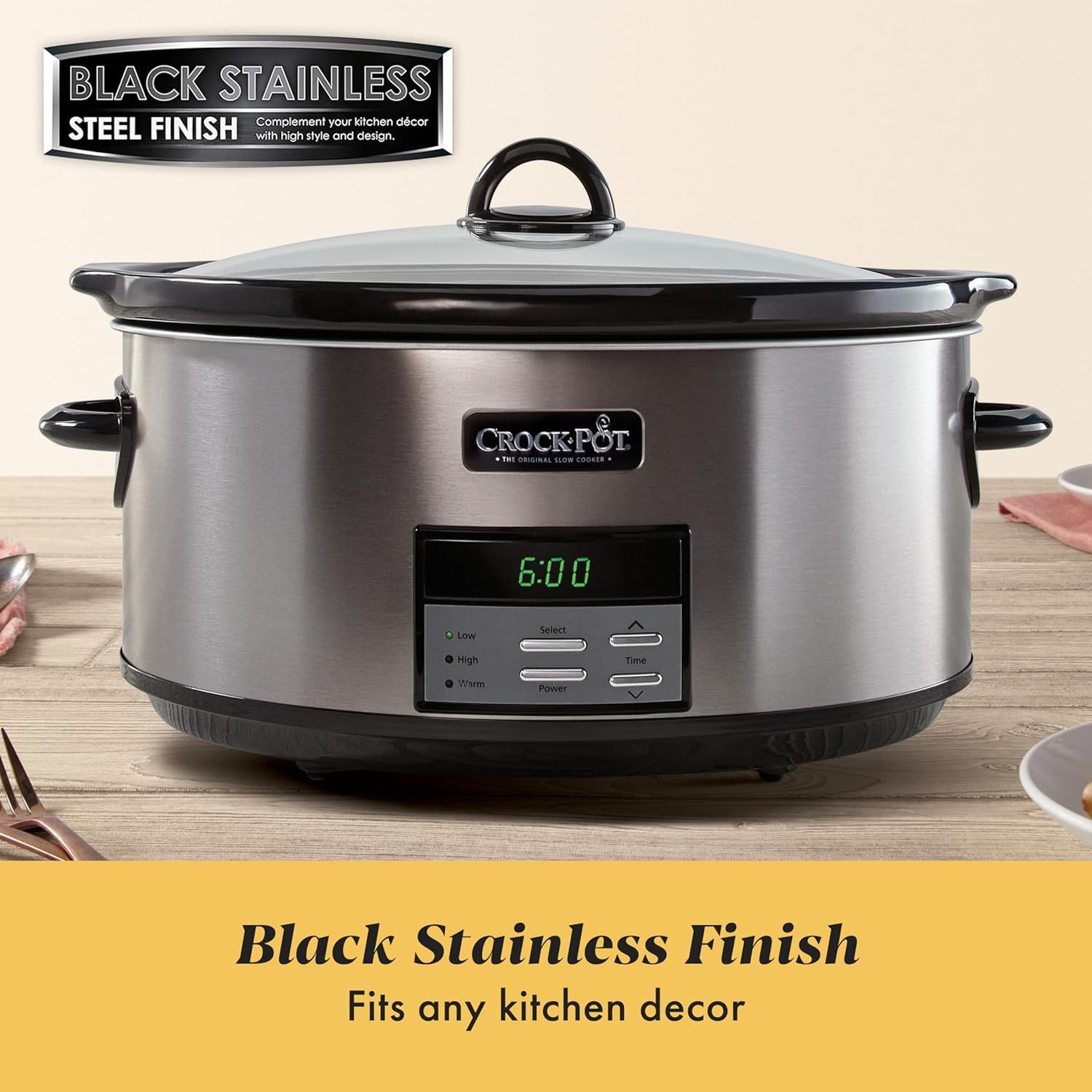 Highlights the product's premium black stainless steel finish to communicate aesthetic appeal and versatility in complementing any kitchen decor.