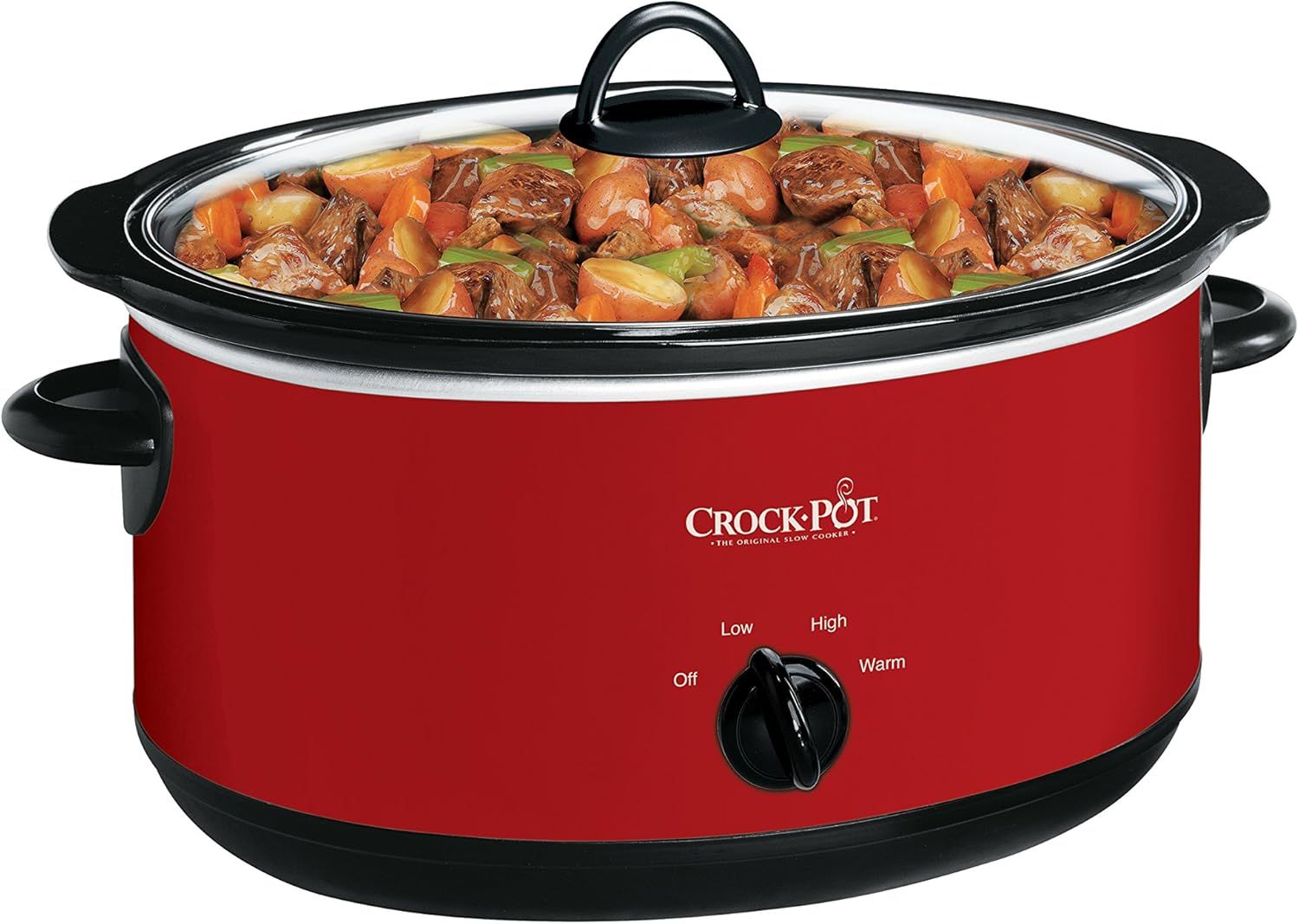 Displays the Crock-Pot slow cooker in a clean, catalog-style presentation showing the product filled with prepared food to help shoppers visualize the product and its use.