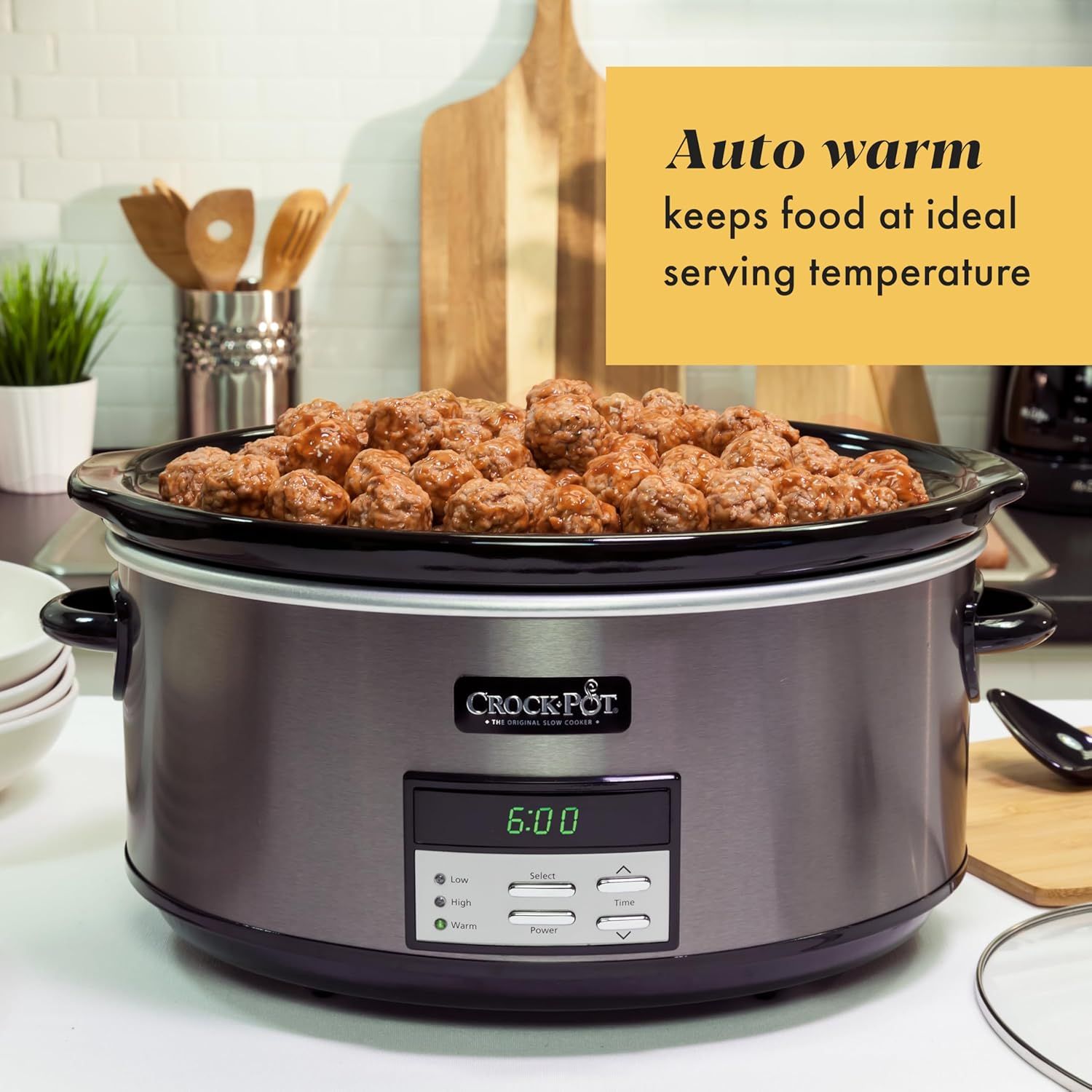 Highlights the auto warm feature that keeps food at ideal serving temperature, reassuring shoppers that their meals will stay ready to serve without overcooking.