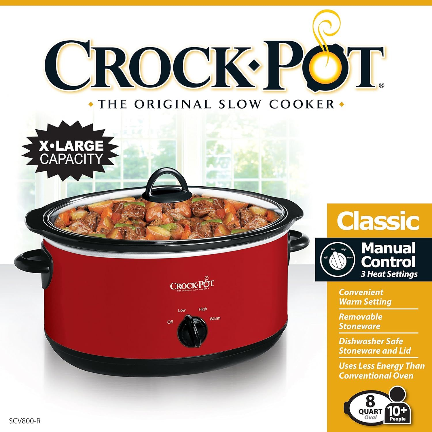 Communicates multiple key selling benefits of the Crock-Pot slow cooker in a segmented layout, including capacity, control options, convenience features, and energy efficiency to help shoppers…