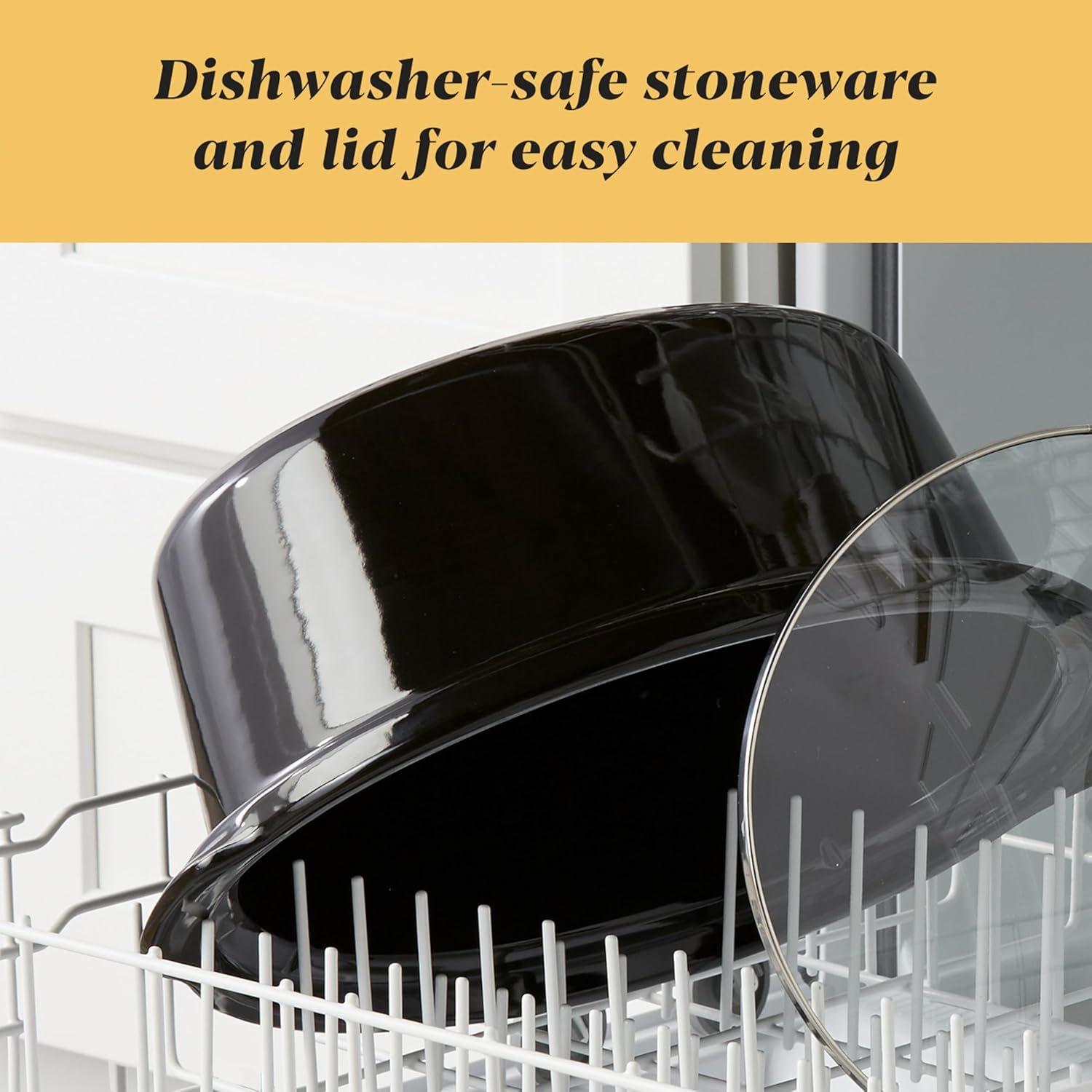 Communicates that the stoneware cookware and lid are dishwasher-safe, reassuring shoppers that cleanup is convenient and hassle-free.