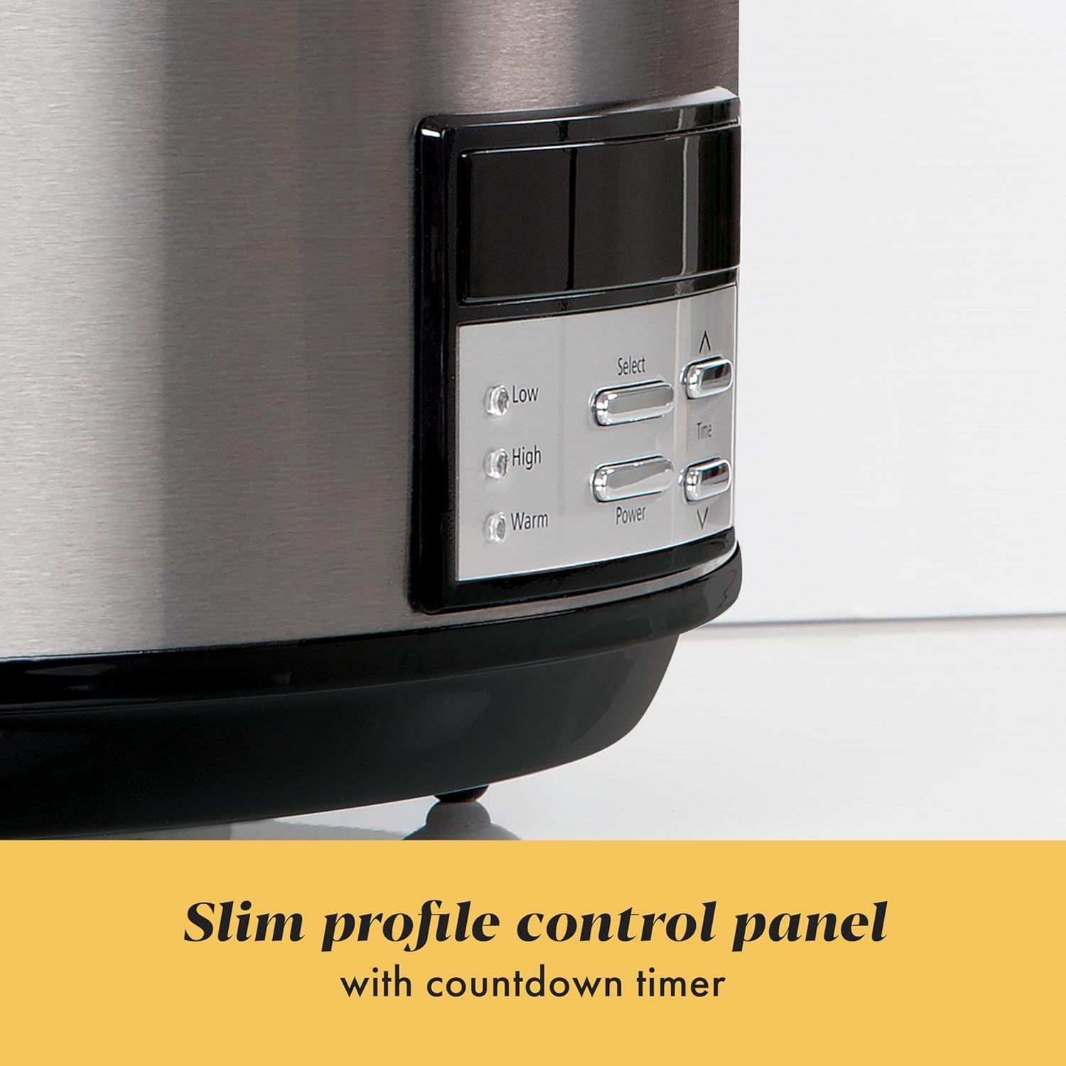 Highlights the sleek, space-saving design of the control panel and the convenience of the countdown timer feature to reassure shoppers of ease of use and modern design.