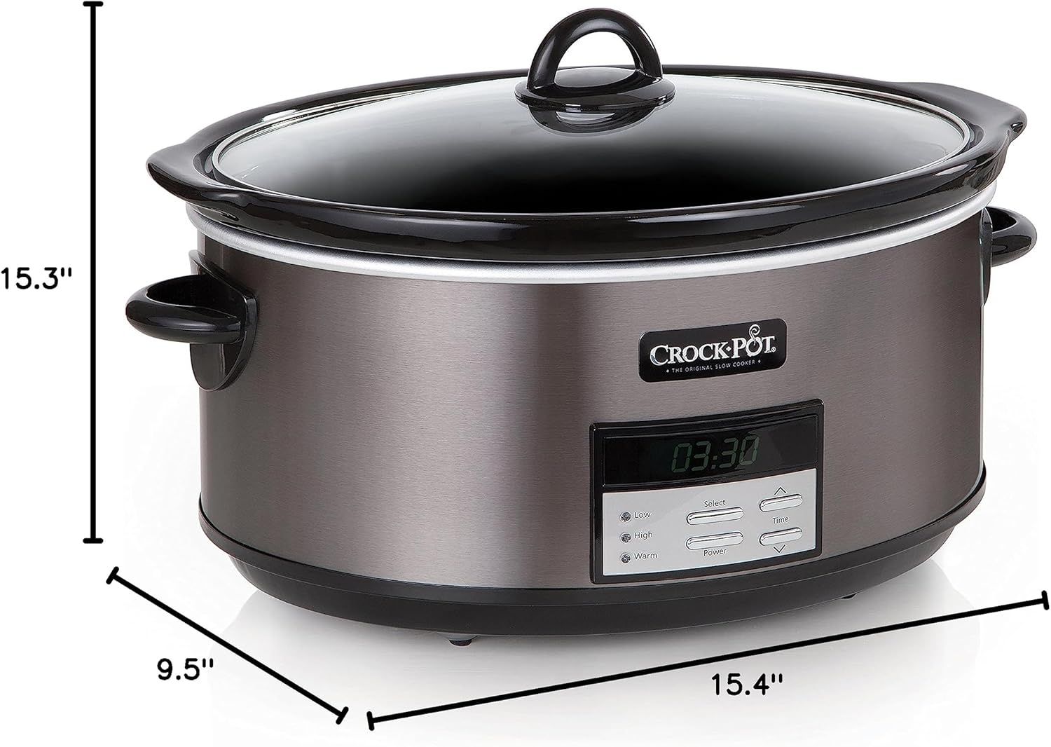 Communicates the exact physical dimensions of the slow cooker (15.3" height, 15.4" length, 9.5" width) to help shoppers understand if it will fit in their kitchen space.