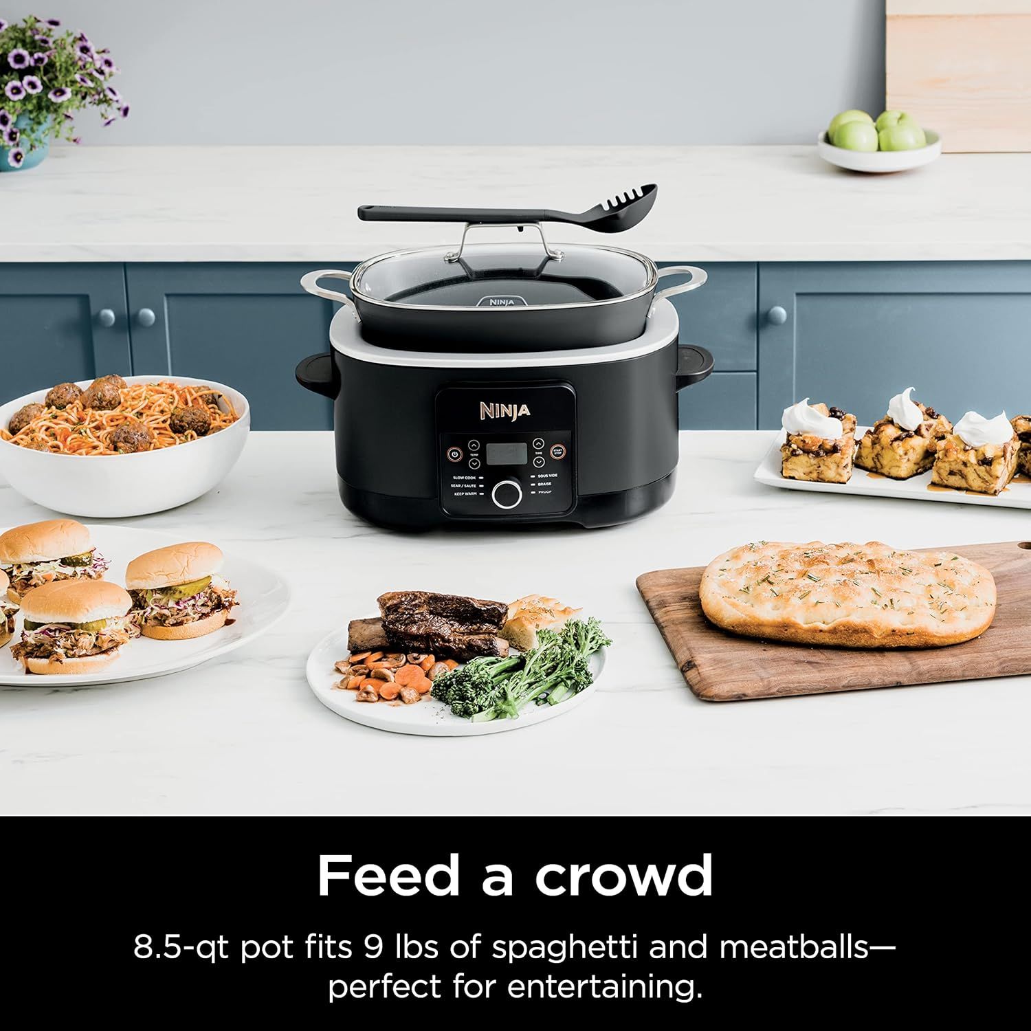 Communicates the product's large 8.5-quart capacity by showing it can hold 9 lbs of spaghetti and meatballs, emphasizing its suitability for entertaining and feeding groups. Highlights the product's…