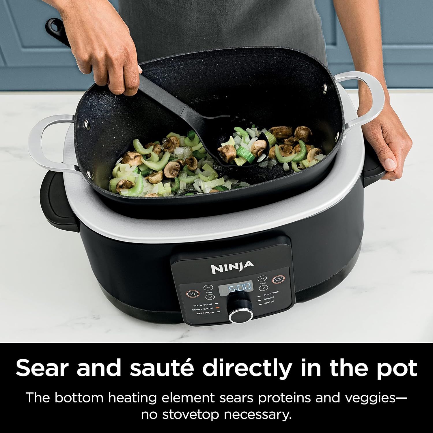 Demonstrates how to use the product's bottom heating element to sear and sauté directly in the pot without needing a stovetop, highlighting ease of use and convenience. Communicates the key benefit…