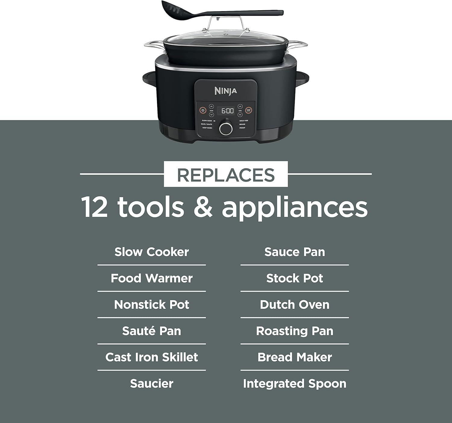 Demonstrates the product's versatility by showing it can replace 12 different kitchen tools and appliances, emphasizing space-saving and multi-functionality to convince shoppers of its value.