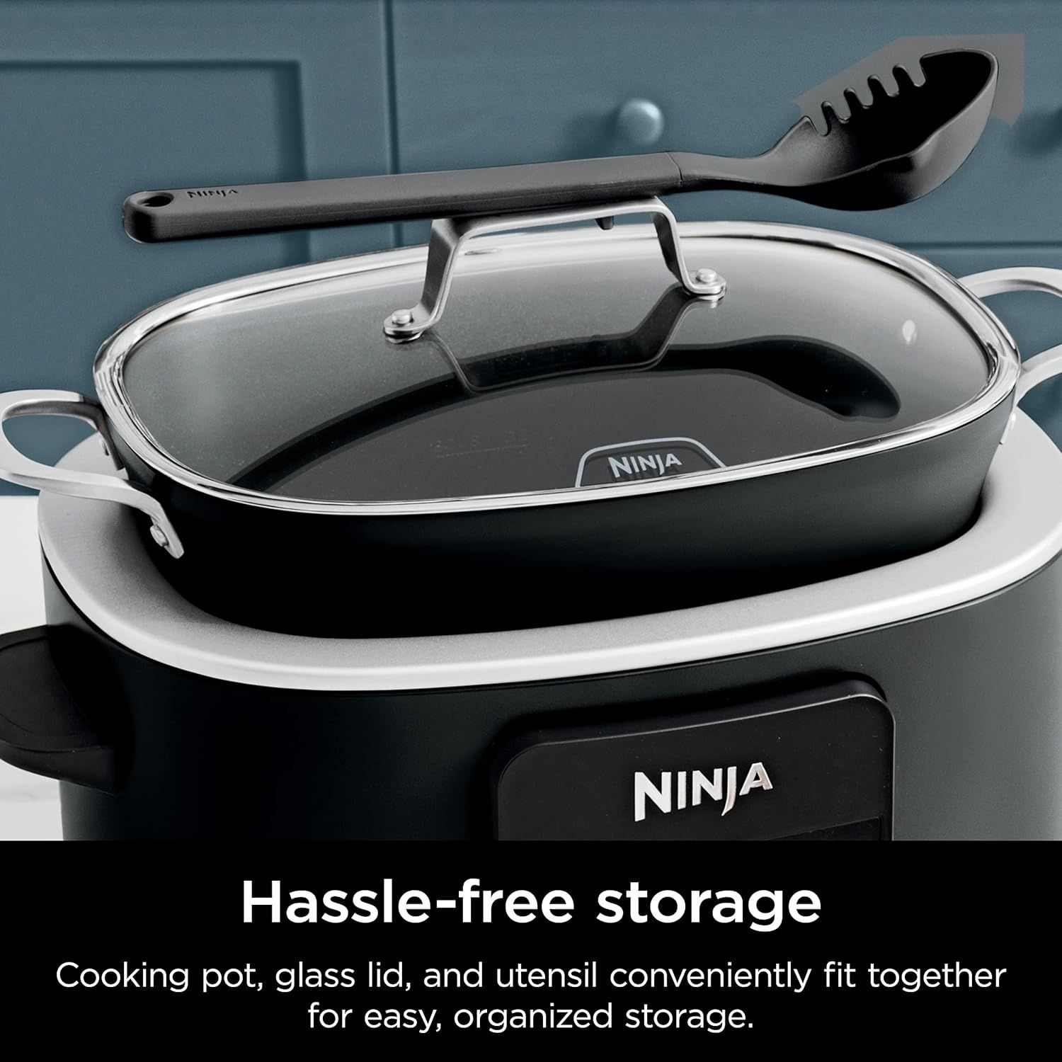 Demonstrates how the cooking pot, glass lid, and utensil nest together for convenient, organized storage, reassuring shoppers about easy kitchen organization and space efficiency.