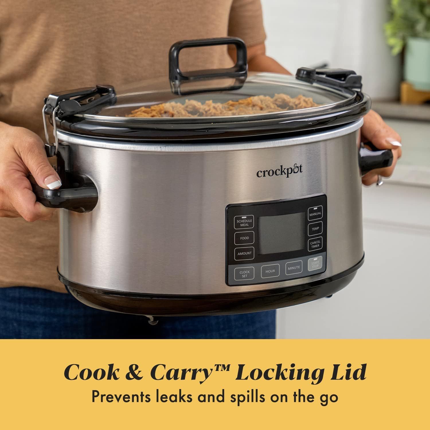 Highlights the locking lid feature that prevents leaks and spills during transport, reassuring shoppers that the slow cooker is portable and travel-friendly.