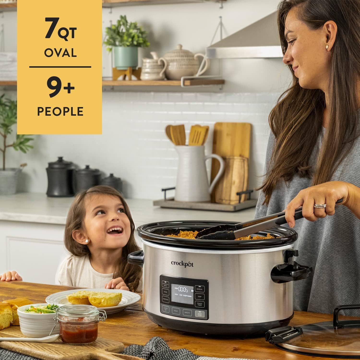 Communicates the large capacity of the slow cooker, emphasizing it can serve 9 or more people, making it ideal for families or gatherings. Shows the product in a warm, authentic home kitchen setting…