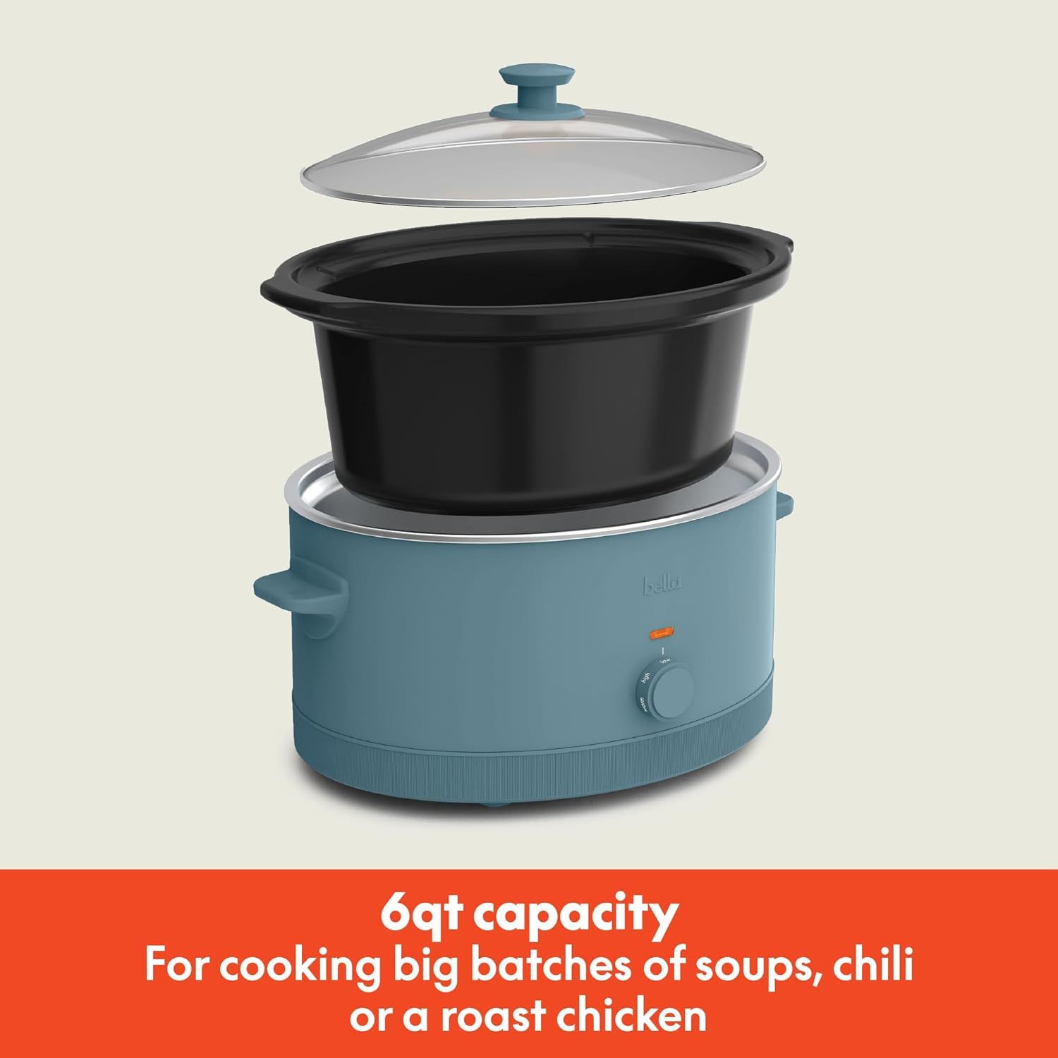 Communicates the large capacity of the slow cooker to reassure shoppers it can handle big batches of soups, chili, or roast chicken for families or gatherings. Highlights the product's generous…