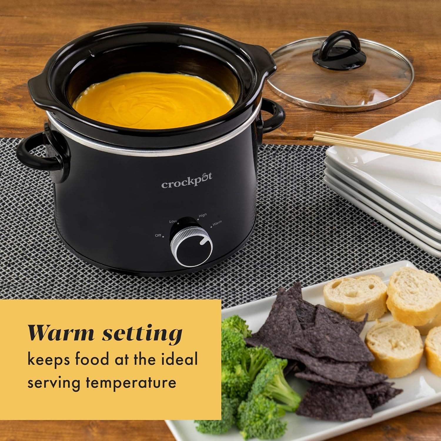 Highlights the warm setting feature that keeps food at the ideal serving temperature, reassuring shoppers that the Crockpot can maintain food warmth for serving.