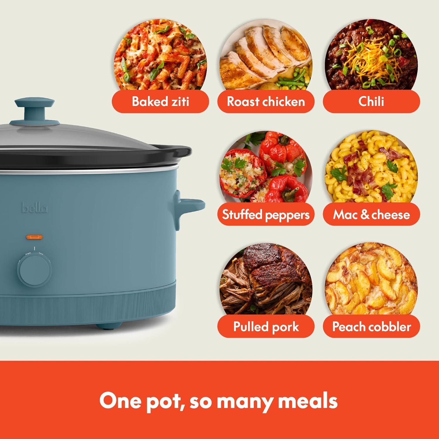 Demonstrates the versatility of the slow cooker by showcasing seven different meal options that can be prepared in one pot, reassuring shoppers of the product's multi-purpose functionality.
