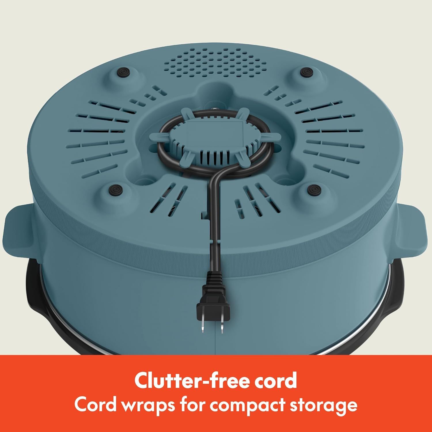 Highlights the product's built-in cord wrap feature that allows for compact, organized storage and eliminates cord clutter.