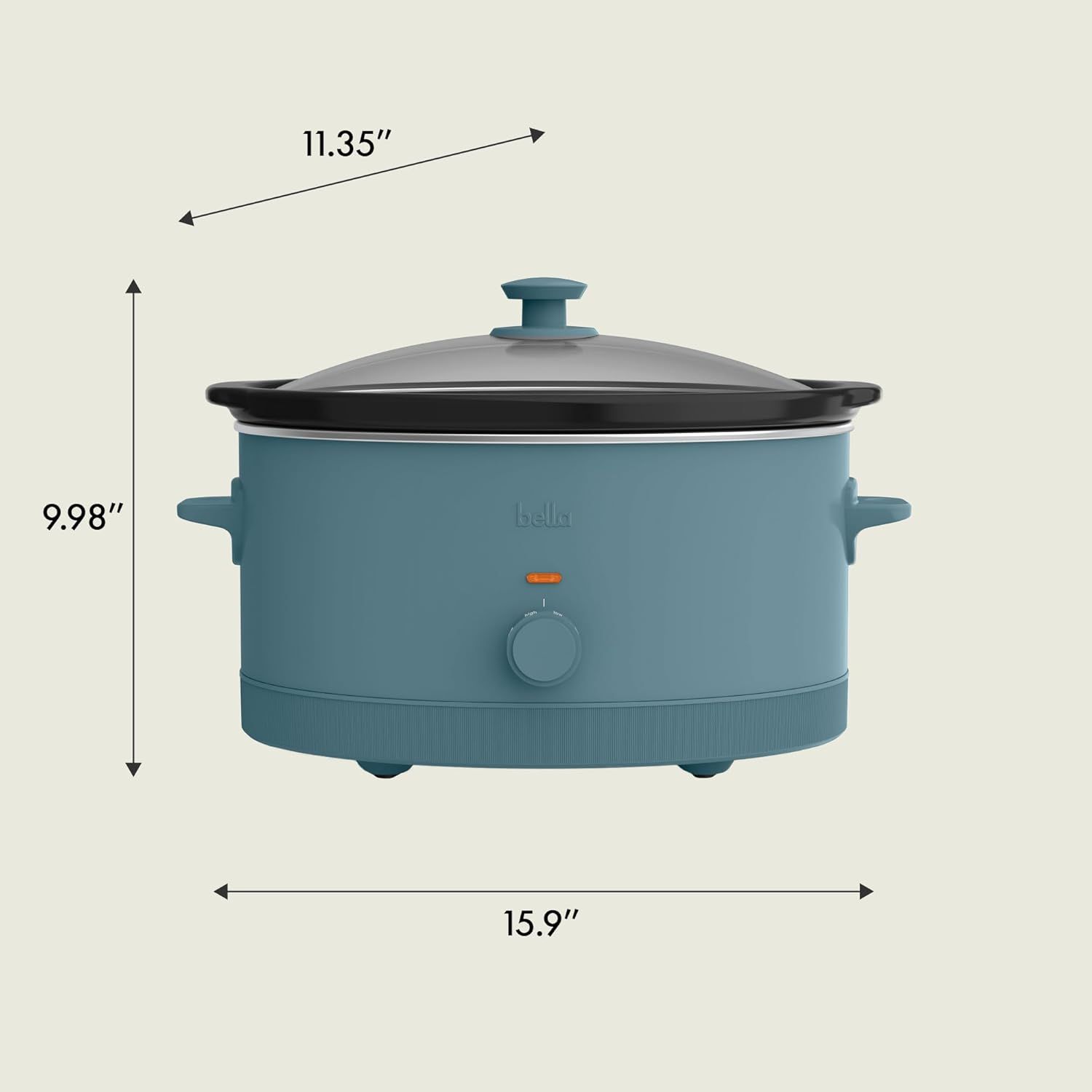 Communicates the exact physical dimensions of the slow cooker (height, width, and diagonal) to help shoppers understand the product's footprint and whether it will fit in their kitchen space.