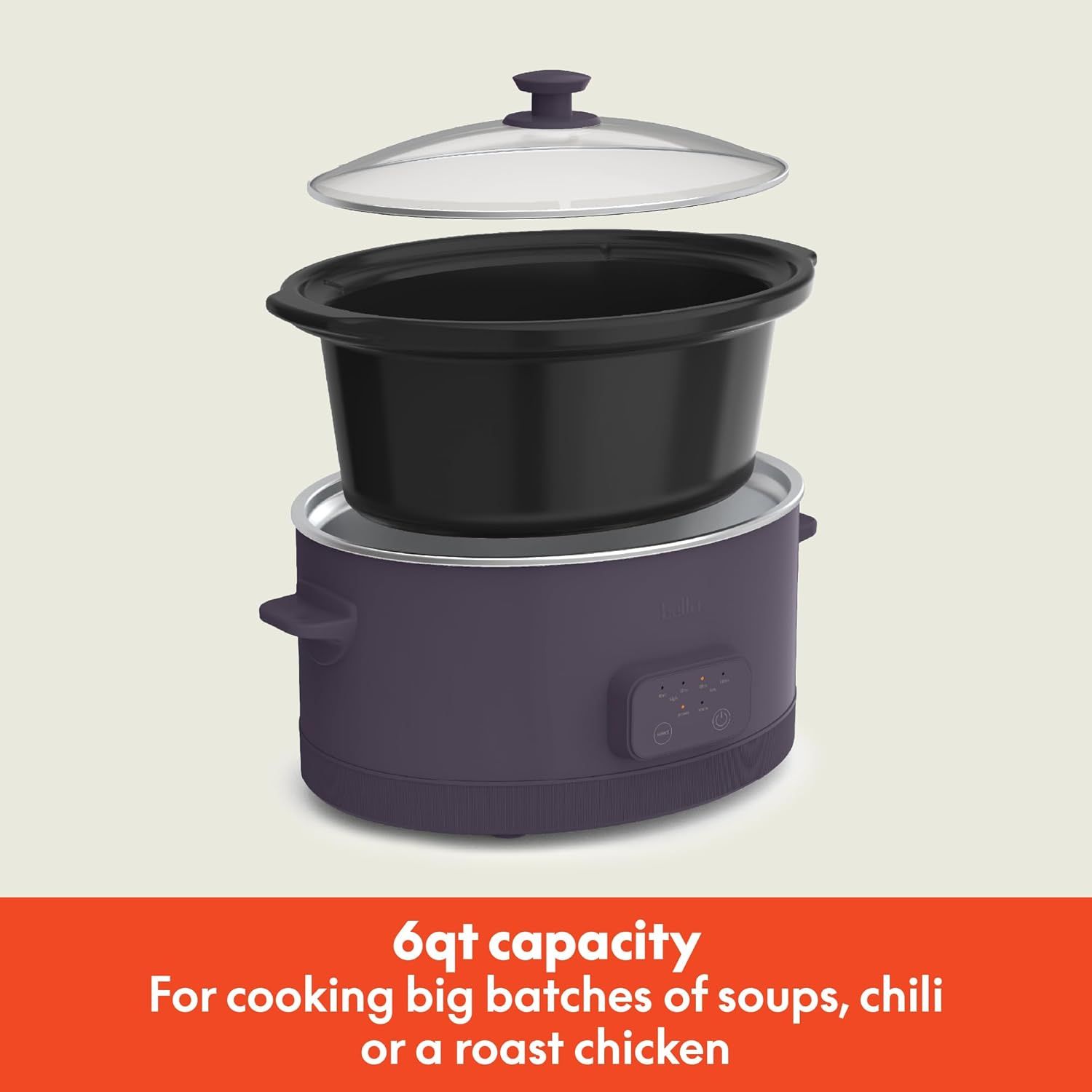 Communicates the large capacity of the slow cooker to reassure shoppers it can handle big batches of soups, chili, or roast chicken for families or gatherings. Highlights the product's generous size…