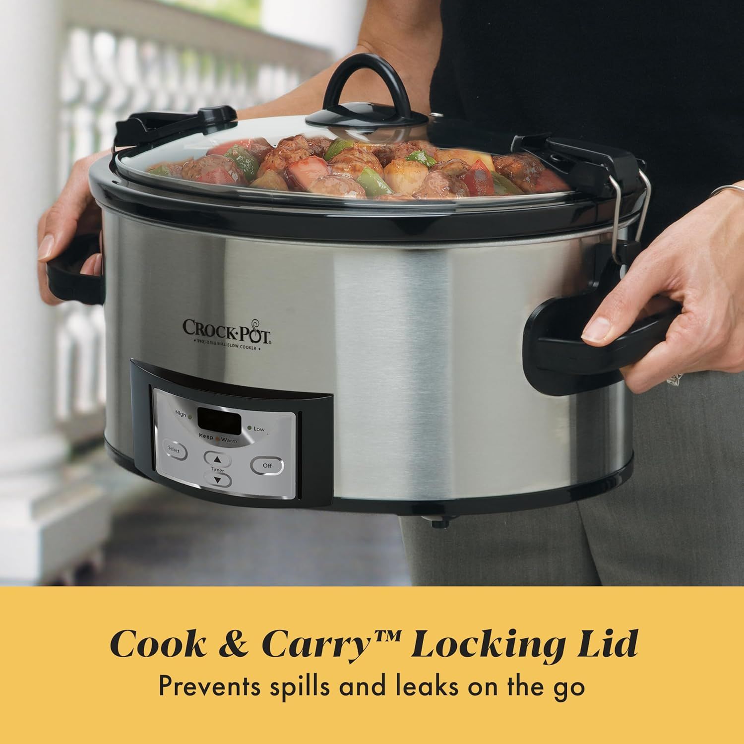 Highlights the locking lid feature that allows safe transport of the slow cooker without spills or leaks, emphasizing convenience and portability for on-the-go use.