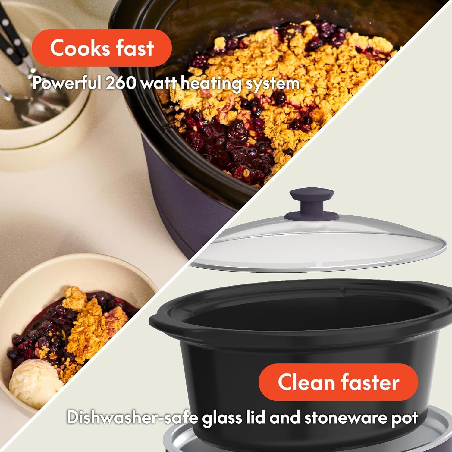 Communicates two key benefits of the slow cooker: fast cooking with a powerful 260-watt heating system and easy cleanup with dishwasher-safe glass lid and stoneware pot.